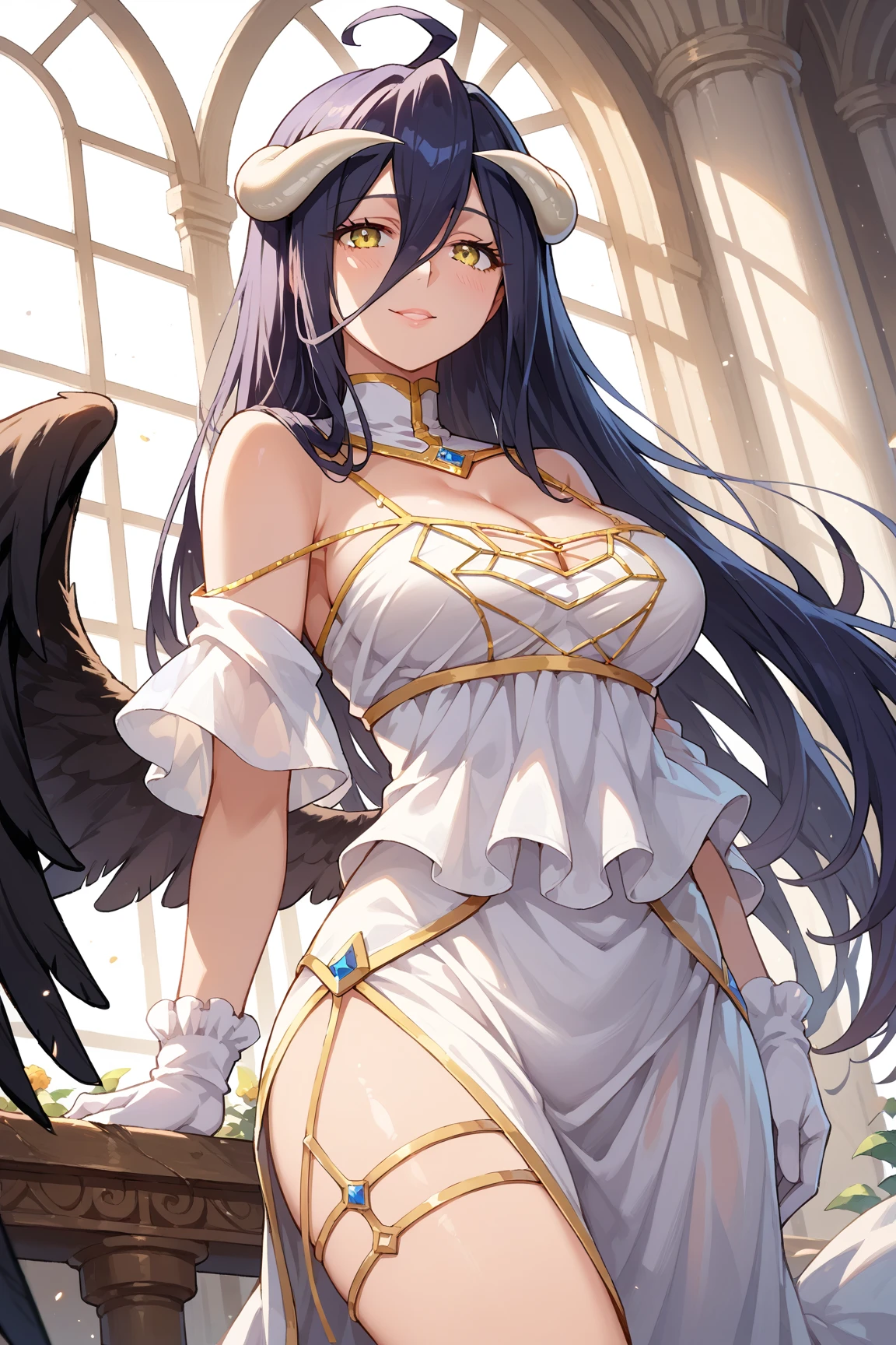 Albedo, with large breasts and hips, yellow cat eyes, gray skin, white horns with red roses and chains.