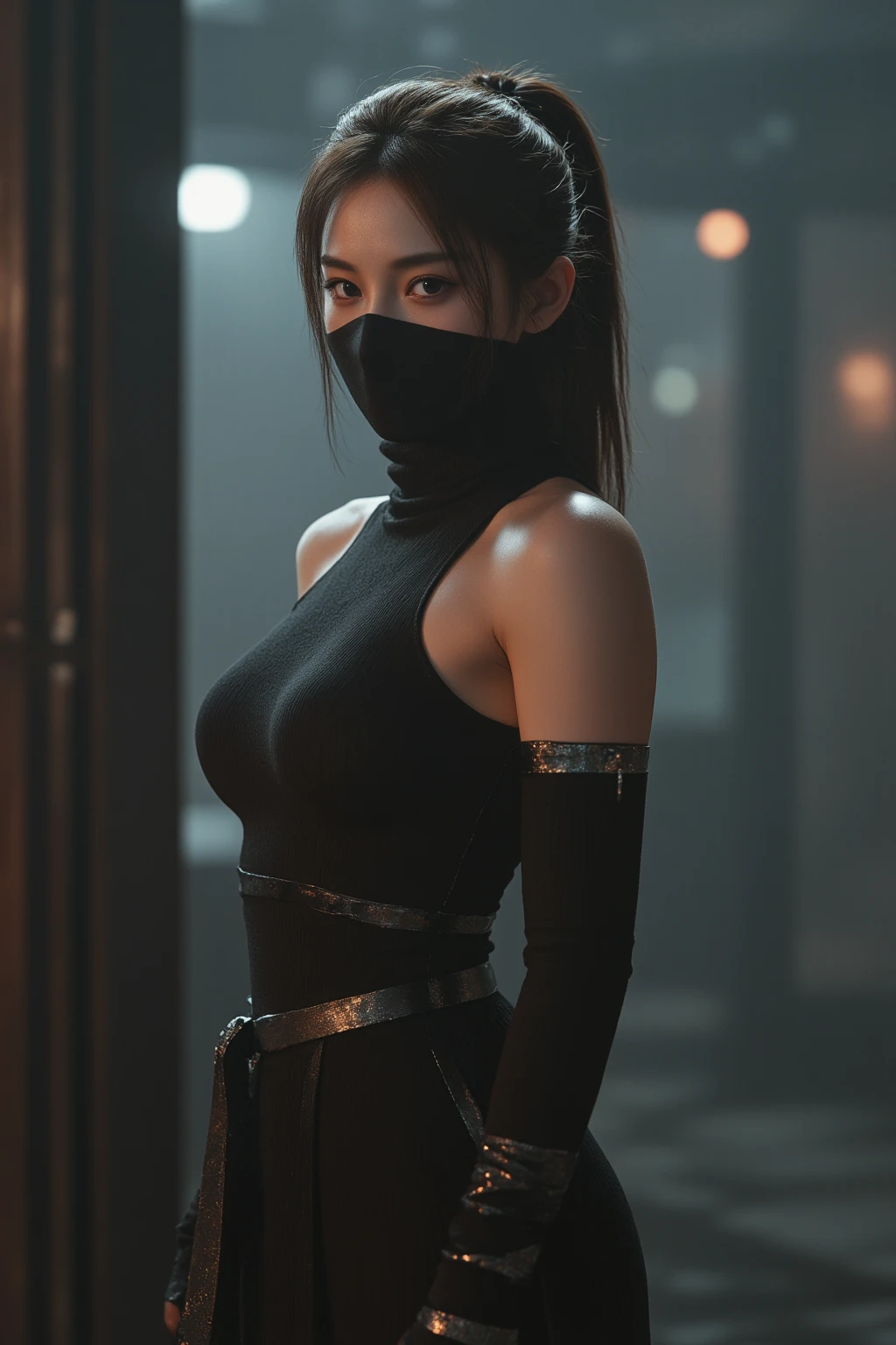solo, High resolution, chest, female,Medieval Fantasy,assassin,Wearing a black hood,Black Mask（Dancer&#39;s Face Veil Style）,masterpiece, Highest quality, 