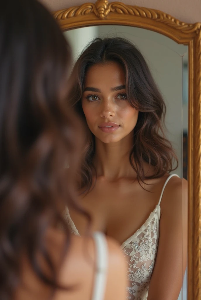 Brunette with curly hair wearing a dress and taking a selfie in the mirror 