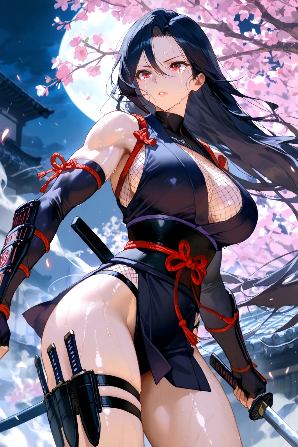 masutepiece, Best Quality, high detailing, nffsw, Textured skin, Cinematic, 1girl in, Mortal Kombat Ninja, Brown skin, chubby, thick body, big waist, Colossal tits, Impressive lighting, Abstract background、(having katana:1.2),
