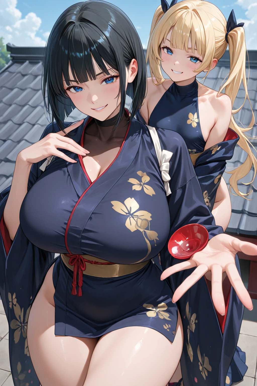 (((masterpiece, best quality))), (((superior quality))), cute girl, ((extremely detailed girl)), ((huge breasts)), bare shoulders, yukata, strapless top, happy, 4k