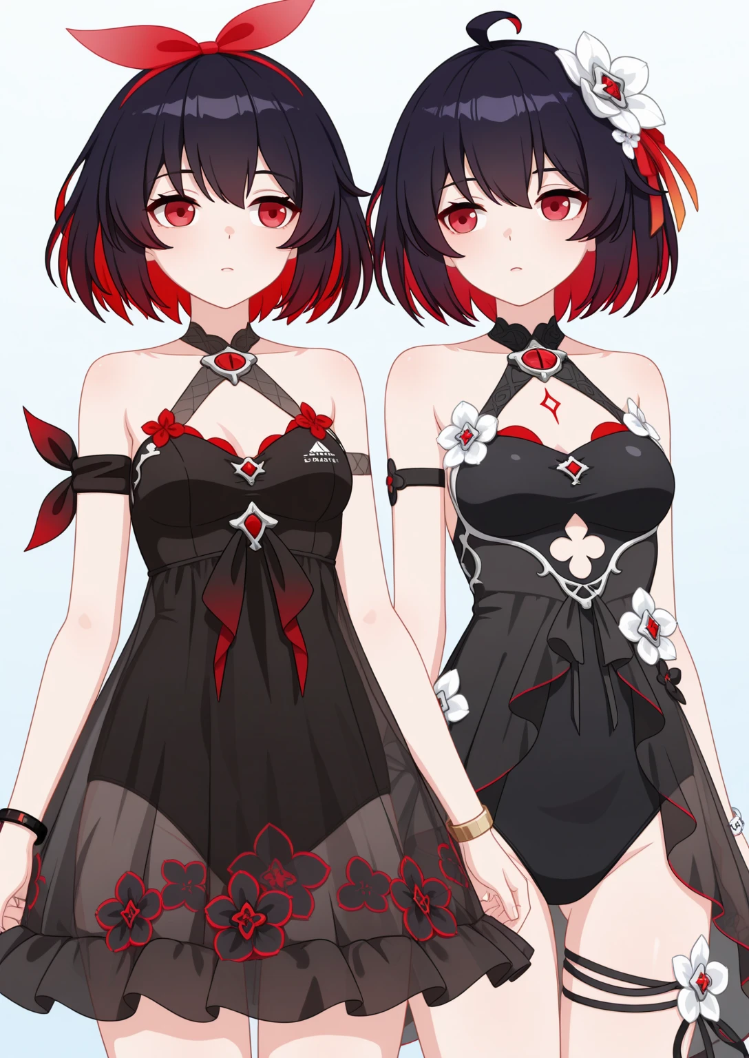 girl,cat ears ,big boobs ,black hair ,red eyes ,short hair ,red hairpin ,messy hair,hair between eyes ,(full body ,standing ,micro bikini ,bare shoulders ,sleeveless,bare feet ,bare legs ,cleavage)