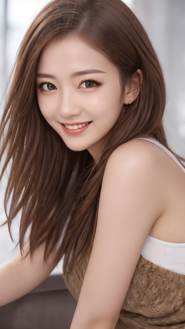 masutepiece, Best Quality, Illustration, Ultra-detailed, finely detail, hight resolution, 8K Wallpaper, Perfect dynamic composition, Beautiful detailed eyes, Women's Fashion Summer,Medium Hair,Small breasts natural color lip, Bold sexy poses,Smile,Harajuku、20 years girl、Cute、Sexy shot looking at camera