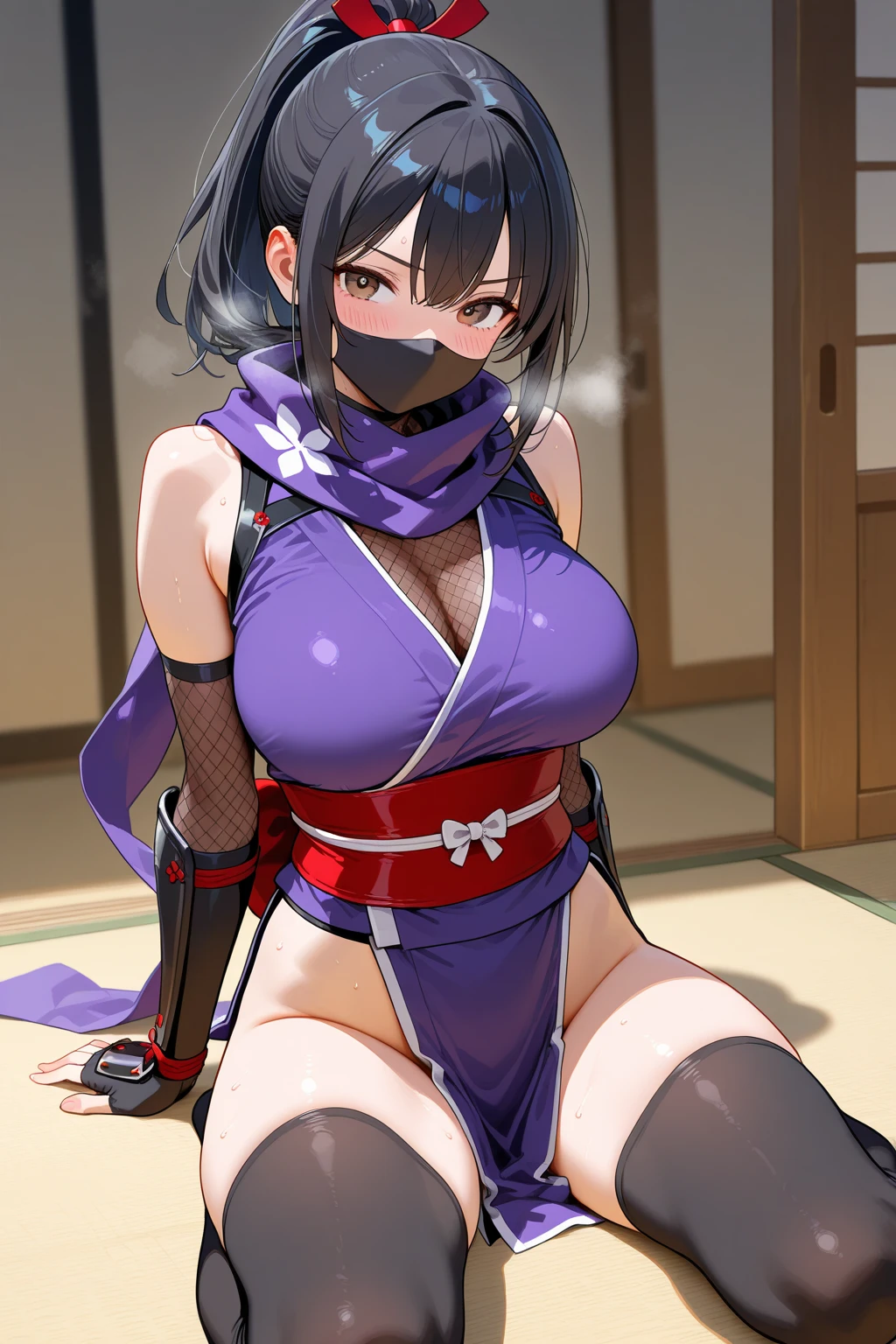 Female ninja with hair tied up wearing tradional ninja mask and wearing short kimono in fishnet with sexy bare feet and toes exposed with boob cleavage showing 