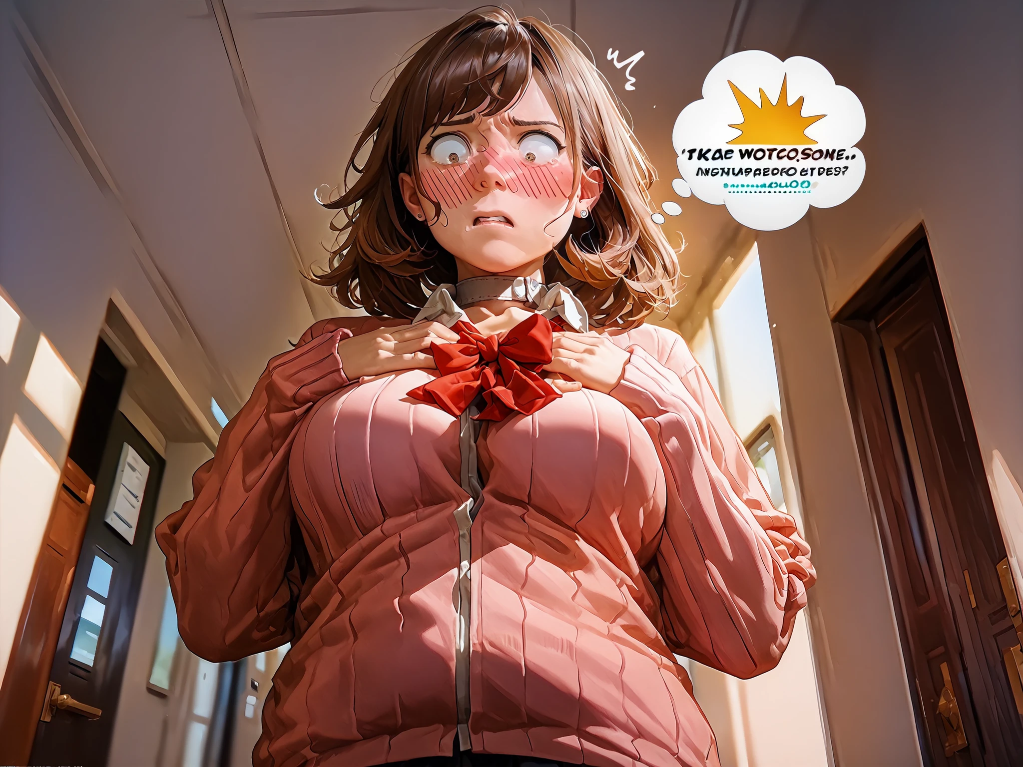(paizuri invitation, no bra) (shirt lift)
Sad and embarrassed
(thought bubble thinking about her own breasts:1.2) (leaning back),yukaridef, gekkoukan high school uniform, pink cardigan, red bow, long sleeves, black skirt, earrings, white choker Best Quality, High resolution, Full body, , in a(narrow high school hallway) (), () ( (), (), (embarassed, embarrassment, embarassed blush) sunlight shafts, , perfect lighting, cinematic composition, highly detailed, photorealistic, 8k, best quality, masterpiece, () (looking down at her own chest) (brown medium length hair) (enormous breasts:1.2) (weight conscious:1.3)