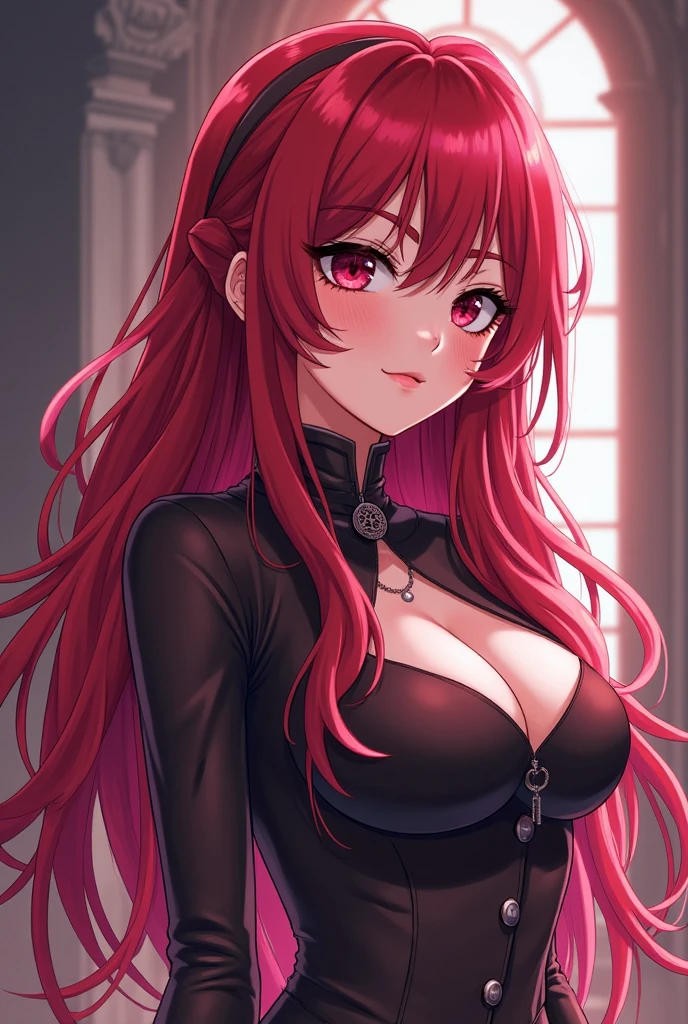 ((masterpiece)), ((ultra-detailed)), ((best quality)), ((intricate details)), ((chromatic aberration)), 1girl, long hair, shy, ((very small breasts)), makeup, black eyeliner, (expressionless, ), looking at viewer,red hair, red eyes, ((white tshirt, cleavage, bedroom, solo,cityscape,window, )),