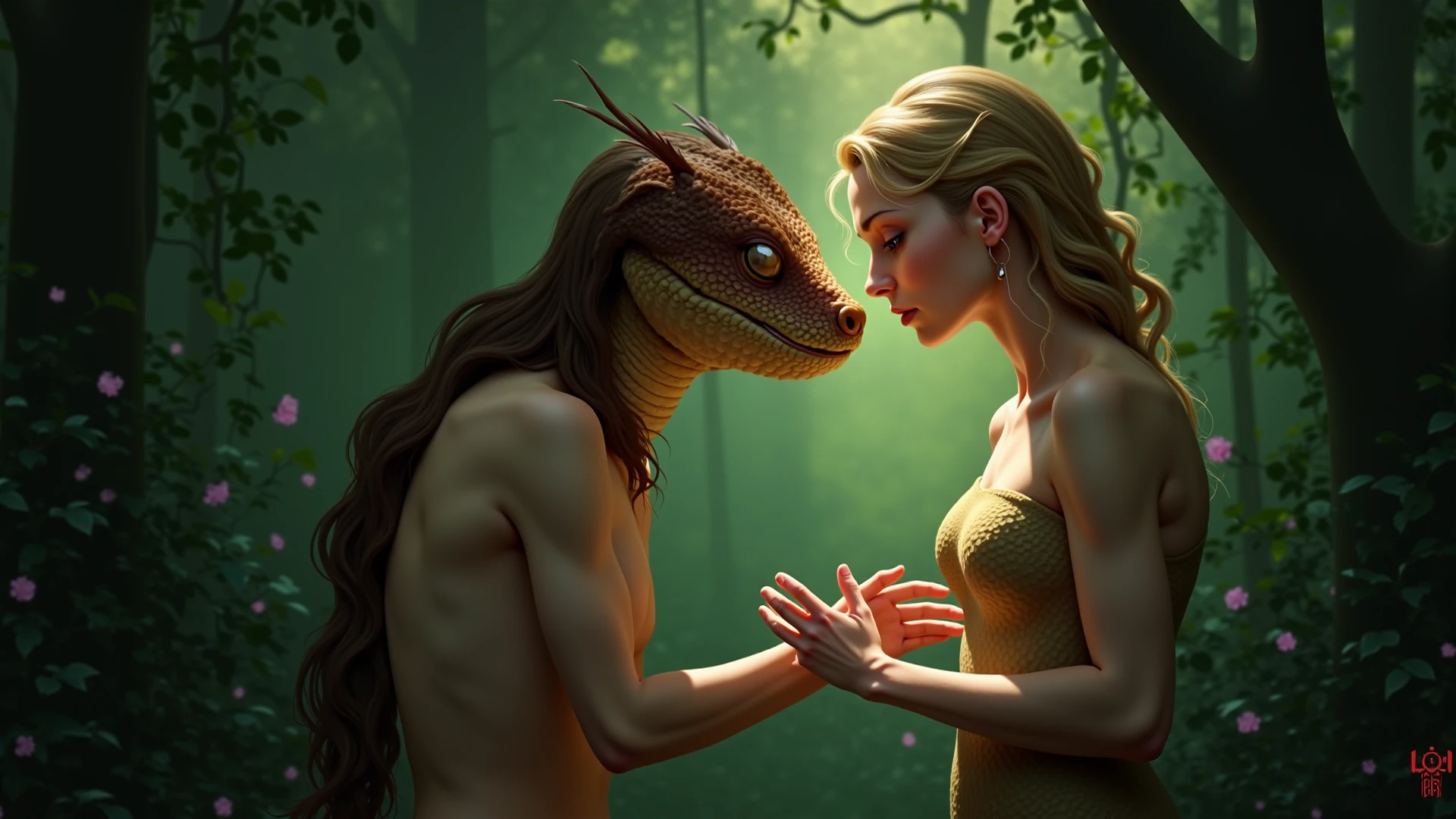realistic illustration, Adam and Eve being tempted by the serpent --auto
