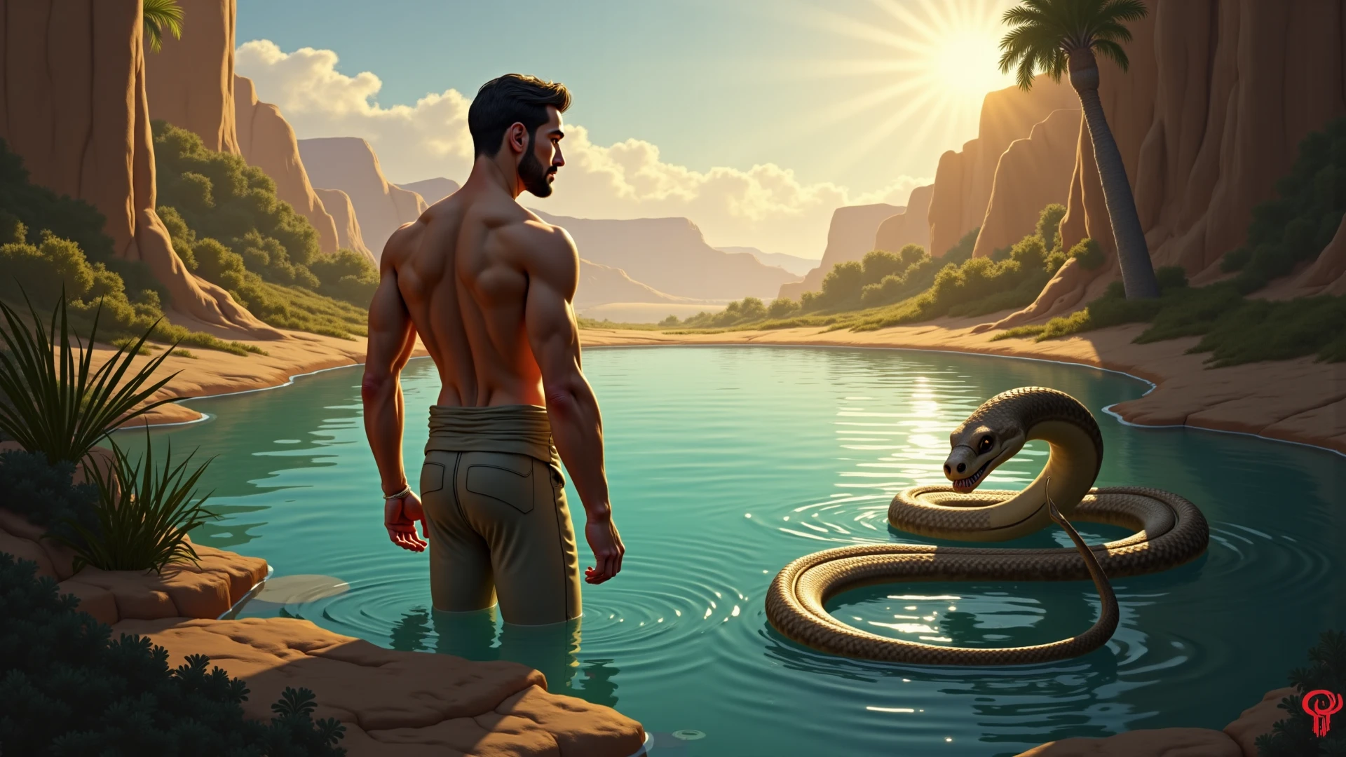 Best quality, masterpiece,ultra high res,detailed background,realistic,in the Water,from above,closed eyes,1man,solo,male,muscular,mature male,short facial hair,beard,buzz cut, (very small loincloth),lying, (naked), snakes between his legs, spread legs,candle,water splashing,real shadow and light,depth of field, erotica,