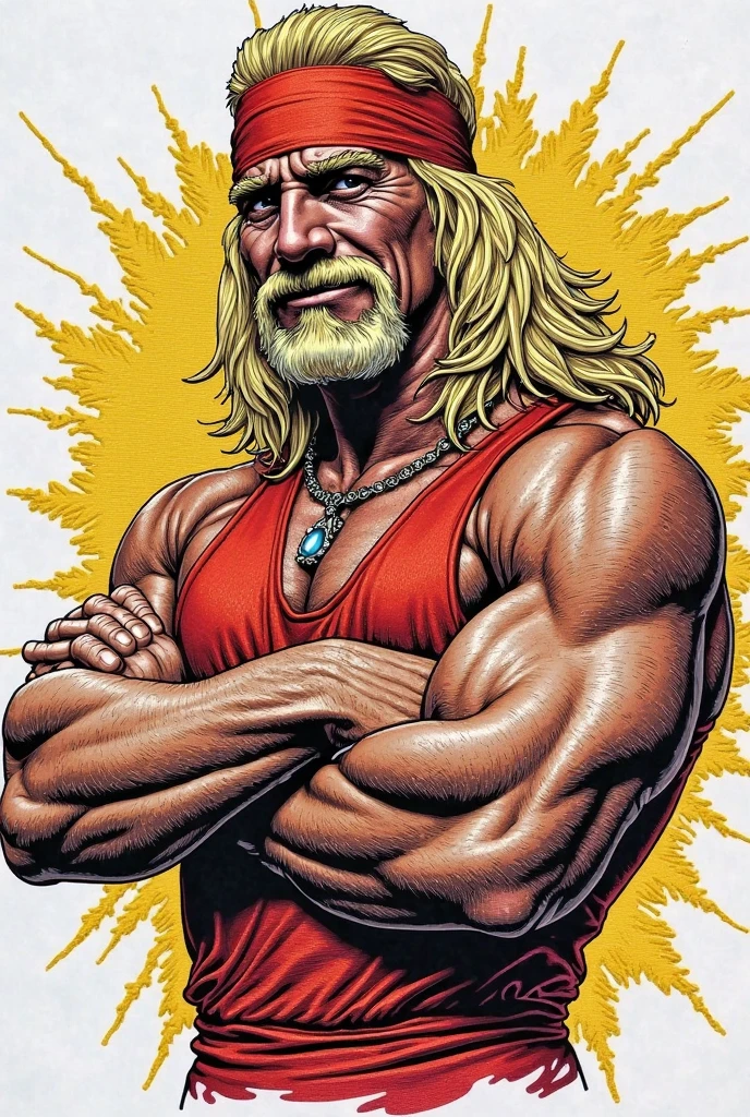 <lora:pop_art:14>pop art, old man, muscular, 70 year old, crazy happy, angry unstable, intense look, long white hair, medieval Cronenberg, dungeon, fitness, studded leather armor, 8k ultra detailed, alphonse mucha, Donatio Giancola