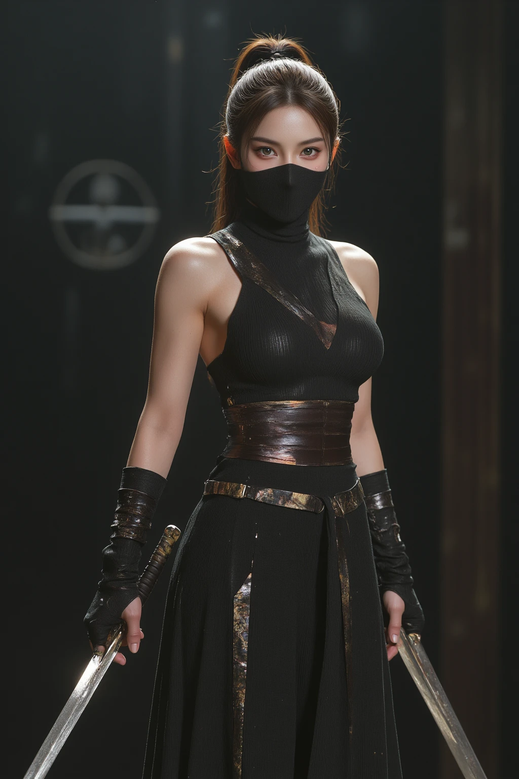 Symmetrical, High Detail RAW Color Photo Professional Photo, [:( High Detail Face: 1.2): 0.1], (lora:PJ DH), pores, real skin, straight up, an 20 year old woman, Dilraba Dilmurat + Kwon Yuri, (clothless:1.2), ((Black Body Tape wraps around the body:1.2)), (sexy postures), Studio lighting