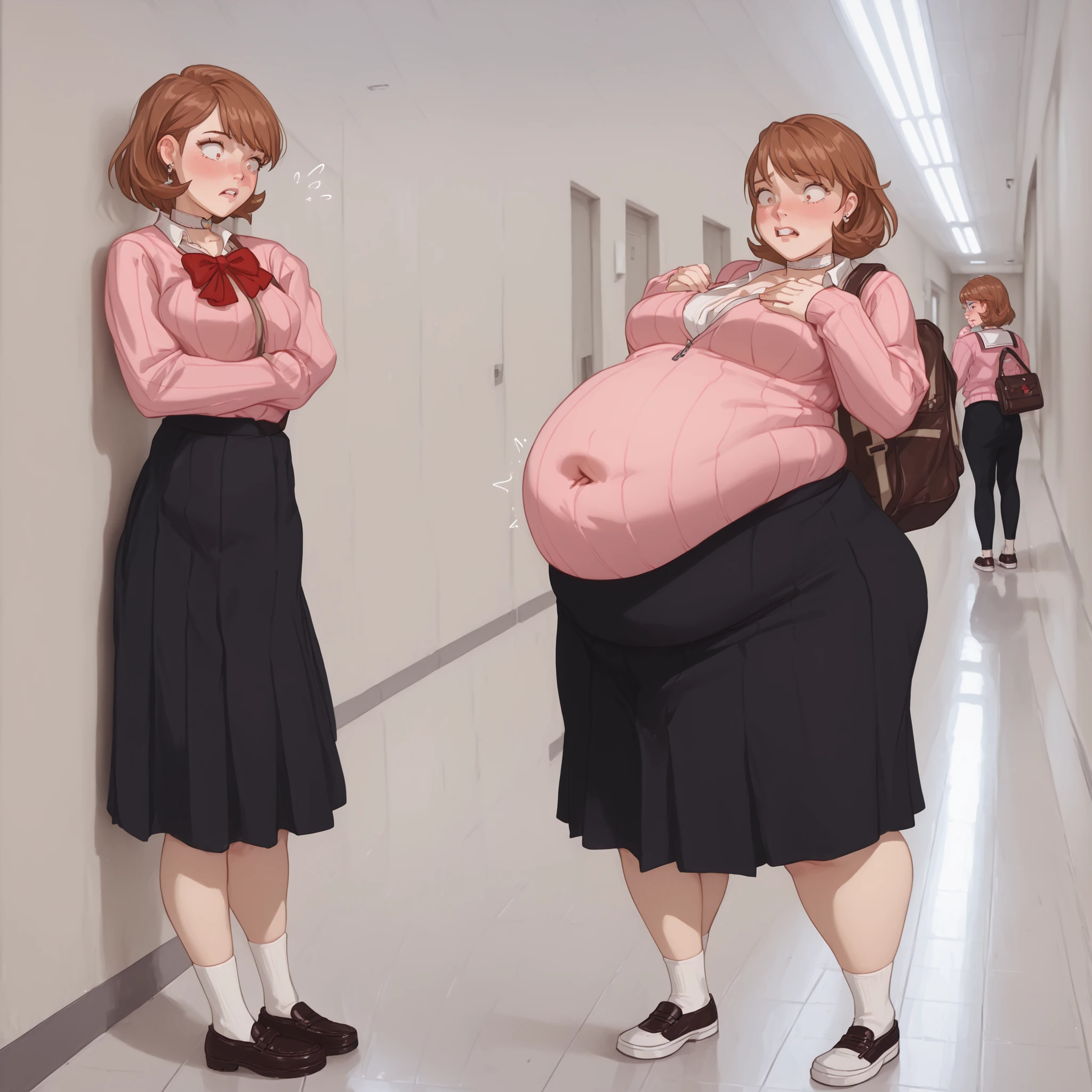 (Full body, glasses, detailed), An image of a mother with her daughter. The mother is pregnant and has pink hair, orange eyes, big breasts and she is wearing a light blue shirt, a black skirt and white thighhighs. The daugher has the same hair and eyes as her mother and she is wearing a white wavy dress