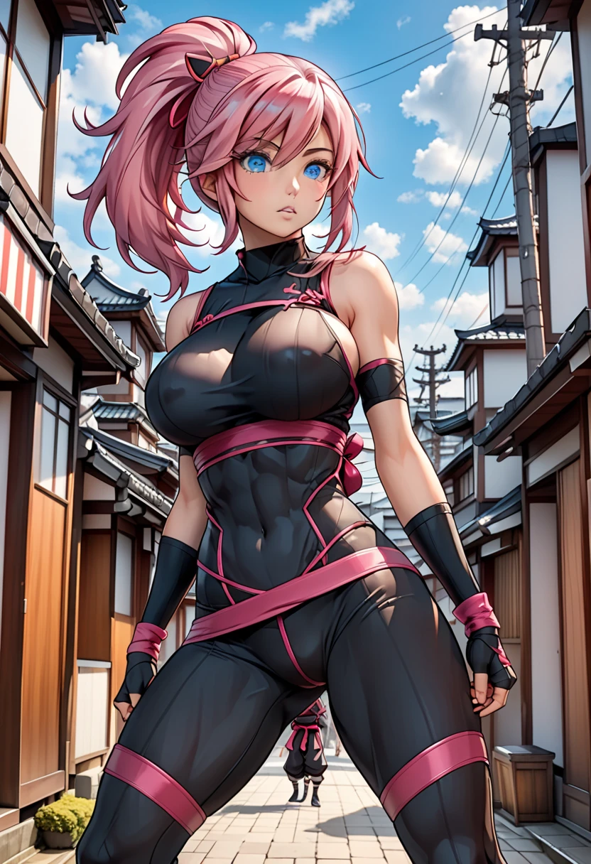 ((Highest quality)), ((masterpiece)), ((detailed)), 4K, (nsfw), 1girl, 独奏, red purple hair, long hair, side ponytail, large breasts, sports bra, show off nipple, torn bike shorts, pussy, sweat, rain, wet, blush, angry, aroused, (girl trembling with sexual climax), stand, open legs, looking at viewer, (from below), (looking down)