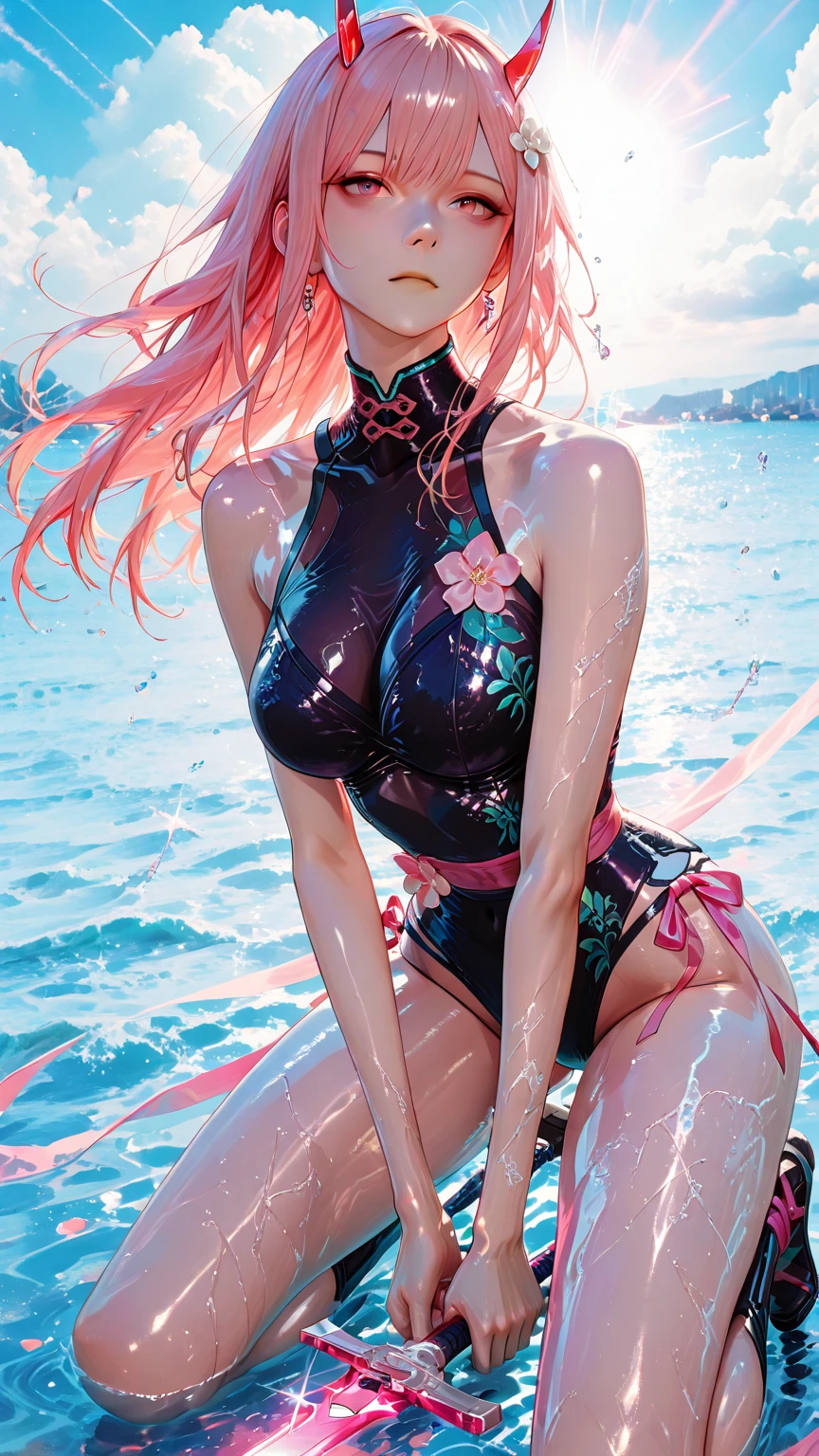 (masterpiece), (Highest quality), (High resolution, High Resolution), (Super detailed), ((ichinose honami:1.2)), 1girl, ((Shiny pale golden pink hair)), ((A slightly longer, fluffy side ponytail)), Loose, flowing bangs, ((Pink hair with a light golden blue mesh)), multicolored hair, (Purple eyes:1.2), Large eyes, Beautiful Eyes, Detailed pupil, Earrings, Earrings, ((Detailed face)), (very cute expression), (A sloppy smile:1.2), (Open your mouth wide and grin mischievously), (((white Rubber Bodysuits gold and pink lines, White Bodysuits, Smooth white gloves designed to blend in with the skin:1.2))), ((wearing only white Rubber Bodysuits gold and pink lines, Bodysuits)), Wet with sweat, (tan skin:1.2),A lively 15-year-old gal, B86, W58,H85, Soft Breasts, Model Body Type, Very beautiful proportions, Gravure model photography, Depth of written boundary, (Perfect ???????), Tempting, (Heart effect:1.3), absurdes, (Vulva Shape), Close-up, (High neck), (Bare shoulders), (Sleeveless), The subject is surrounded by sea and sky, ((Beautiful ocean with the setting sun reflected on the waves)), (Walking on seawater), (horizon), (reflection), All around is sea and sky, (spider suits), (dynamic pose hand holding shining Japanese katana), (gripping shining Japanese katana in hand), (美しい海を背景に肌に密着したWhite Bodysuitsを着ているアニメの女の子), (A goddess holding two lightning-charged Japanese swords in her left and right hands.), (The unsheathed blade is imbued with lightning.), (A Japanese sword with a lightning bolt of lightning drawn in minute detail), (Maintain the subject&#39;s head-to-body ratio and screen ratio)