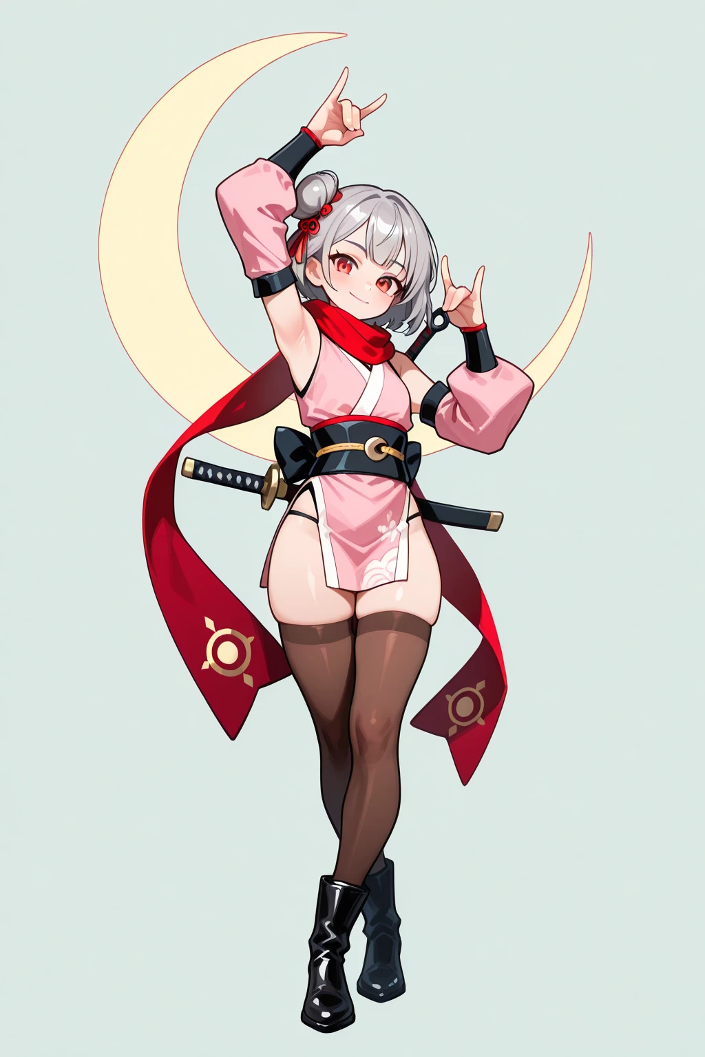 all intricate details, a anime fantasy picture of a girl character, 1girl view, solo, cameltoe, thighhighs, tattoo, long hair, navel, looking at viewer, black-red horns, crop top, a dragon in pubic tattoo, stomach, white-purple hair, long sleeves, short diamond armor, firm breasts, medium breasts, black thighhighs, shirt, black footwear, thighs, bright light purple eyes, closed mouth, sexy pose, random angle, power stance, random background