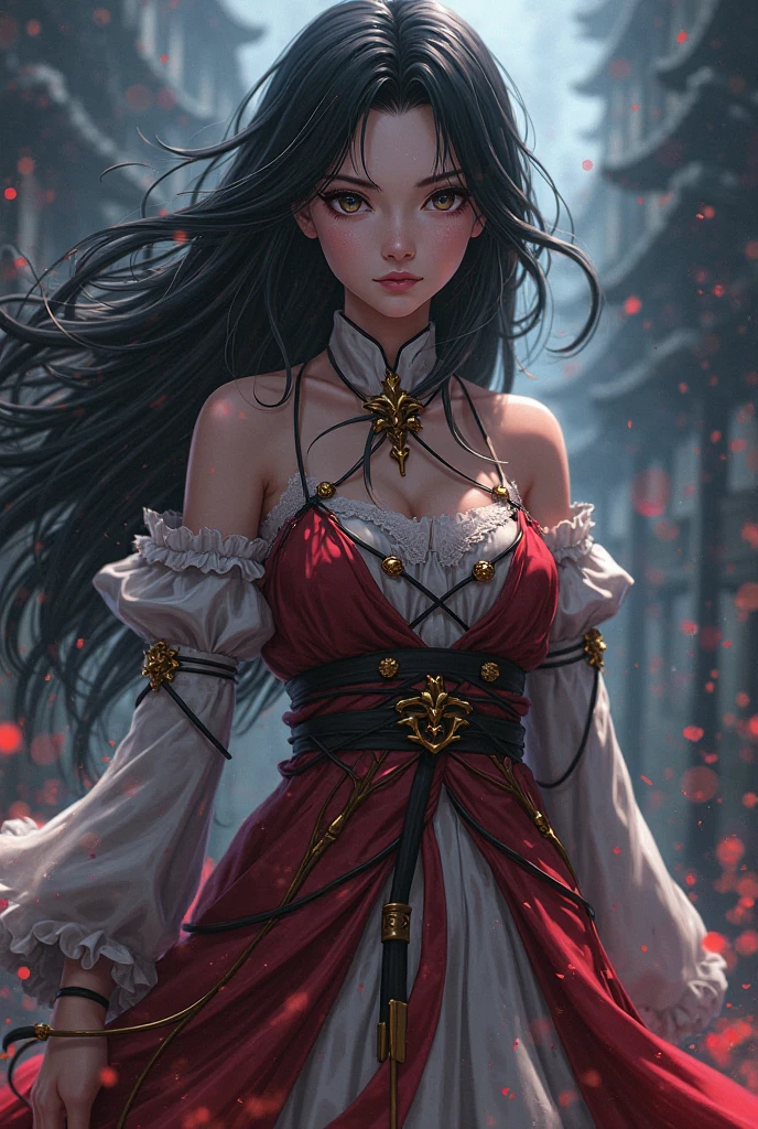 absurdres, RAW photo, extremely delicate and beautiful, masterpiece, Best Quality, ultra high resolution, 32k, hyperrealistic, ultra-detailed, Very detailed CG 8k wallpaper, detailed background, landscape, Beautiful Lighting, Perfect Lightning, Realistic Shadows, perfect anatomy, anatomically correct, perfect figure, Perfect Style, Perfect balance, super Detailed skin, in her 30s, very Slim body, narrow waist, very small head, very small face, delicate facial features, handsome detailed woman, very detailed eyes and face, realistic face proportions, Realistic beautiful face, Realistic beautiful eyes, tearful mole, earring, full body shot, very huge round tits, medium hair, asymmetrical hair, wavy hair, outdoor, Gothic red dress, vampire teeth, castle,