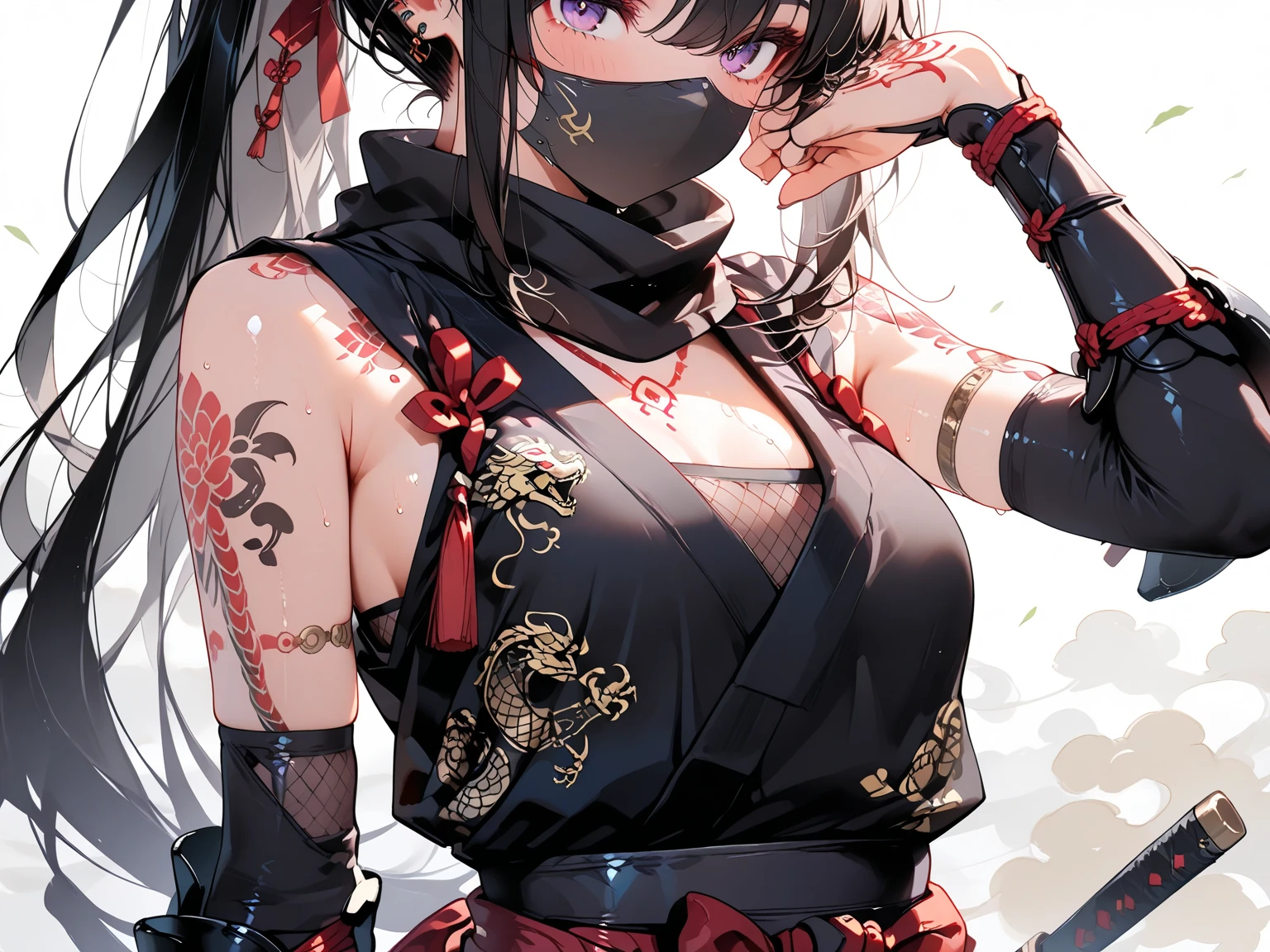 (masterpiece, best quality:1.2), (1girl, solo), 16years old, full body, ????? bandage, (brown hair, ponytail), black demon horns, brown eyes, (masking face by bandage:1.2), (old Japanese style house, sitting on the roof), (night sky, full moon)