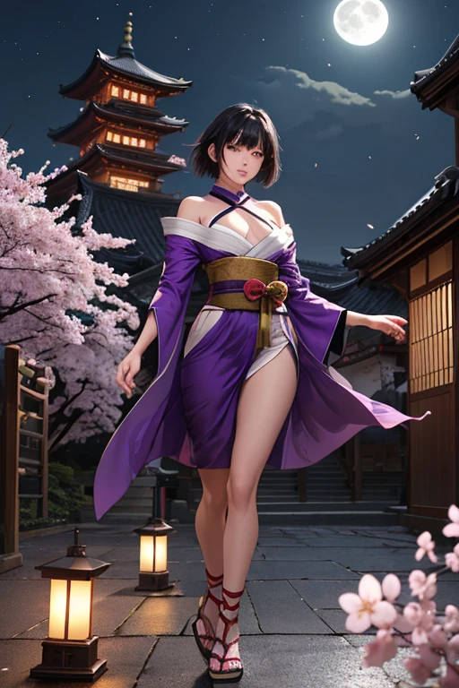 (masterpiece, highres, best quality, ultra detailed, detailed background:1.2), bamboo forest, night, red moon, fog, looking at viewer, 1girl, mature female, pale skin, medium straight purple hair, bob cut, blunt bangs, purple eyes, narrow waist, medium perky breasts, japanese clothes, sleeveless purple short kimono, shiny lips, evil grin, floating, levitation, contrapposto, cleavage,