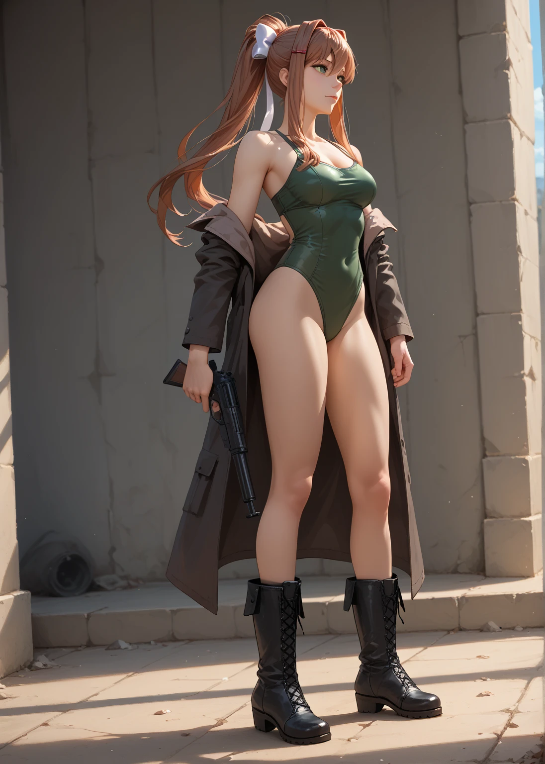 (Best Quality, Masterpiece), 1girl, superhero, leotard, highleg leotard, bare legs, boots, standing, solo focus, tight belt, hands on hip, full body shot, mature lady, city backdrop, sleeveless, ultra highres, absurdres, beautiful face, detailed eyes, symmetric eyes, ((only five fingers)), perfect body, good proportions