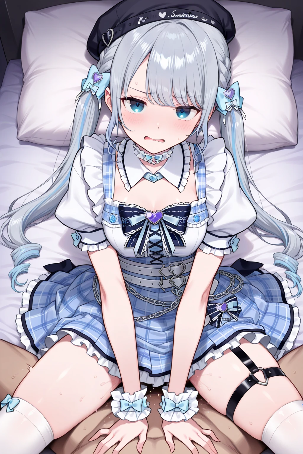 Cute beautiful girl、Embarrassed blush、Budding breasts、Gothic Lolita Lingerie、Wavy Hair、From above、Her breasts are exposed and she covers her nipples with her hands、Put your hands between your legs,