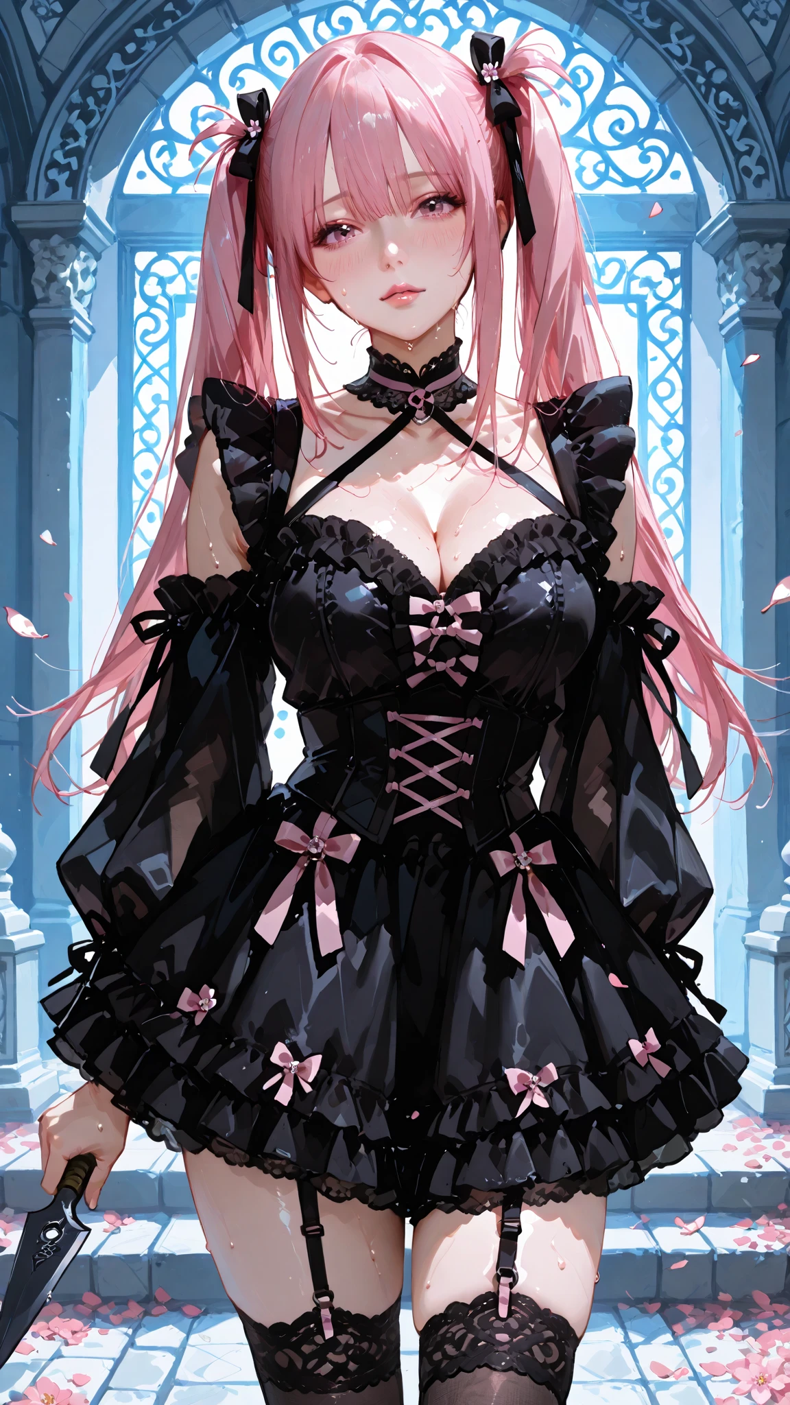 (Masterpiece, BestQuality:1.3), (ultra detailed:1.2), (hyperrealistic:1.3), (RAW photo:1.2), High detail RAW color photo, professional photograph, (Photorealistic:1.4), (realistic:1.4), (Pink Hair:1.5), professional lighting, perfect ???????, (Big Breasts:1.2), (blush, detailed face), (A happy smile:1.7), sexly, ?????? sexly, Random sexy gravure poses, (Beautiful cosplayer wearing a black and red Gothic Lolita dress、With a mysterious smile on her face, against the backdrop of an old castle、Posing with one leg raised。Holding a lace parasol、A cameo pendant is worn around the neck。:1.3)
