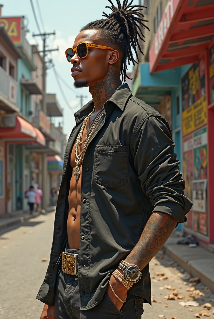 style of anime, sci-fy ,Japanese Assassin Lord , latex , tobey pants, mouth mask, leg tattoos, Tattooed with,Aqua hair, Braided headband, (african man, Dark skin:0.6), little breast, slimfigure, full bodyesbian, daggers, Moon Night, In the garage, (Very detailed hands, Hand model:1.4)