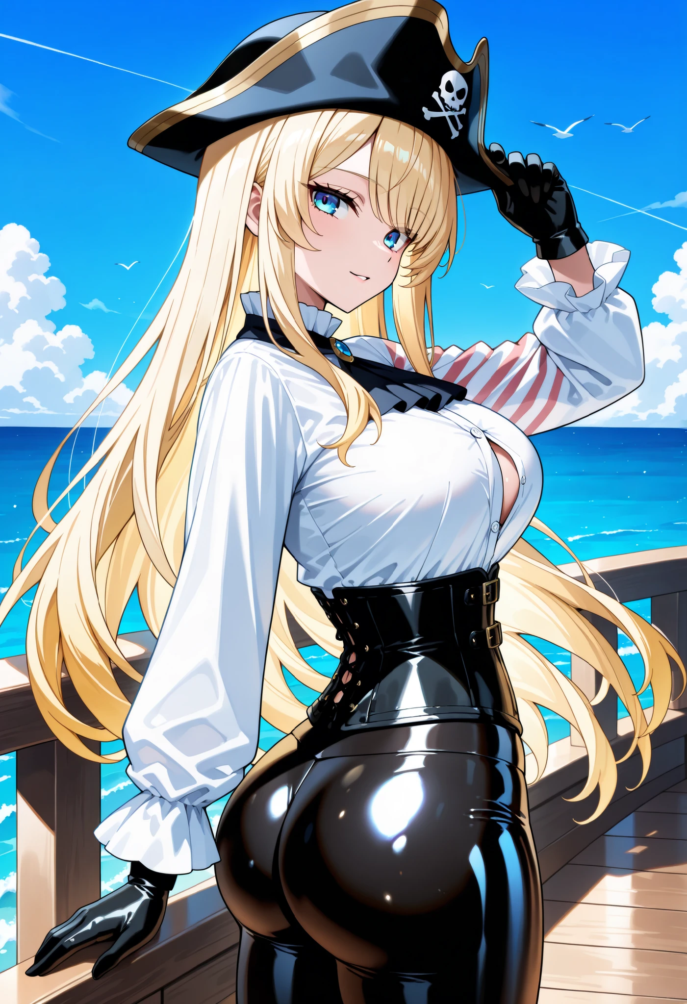 Girl，Long blond hair，Black short sleeve，Denim shorts，(White garter stockings)，Black ankle boots，Hands in pockets，不良Girl，necklace，Big breasts，(Blow bubble gum)，Gloomy atmosphere，(Cross-sea bridge)，dusk，(evening)，Pink sky，Fire Cloud，(Sea surface reflecting the sky)，Cinematic texture，Exquisite light and shadow
