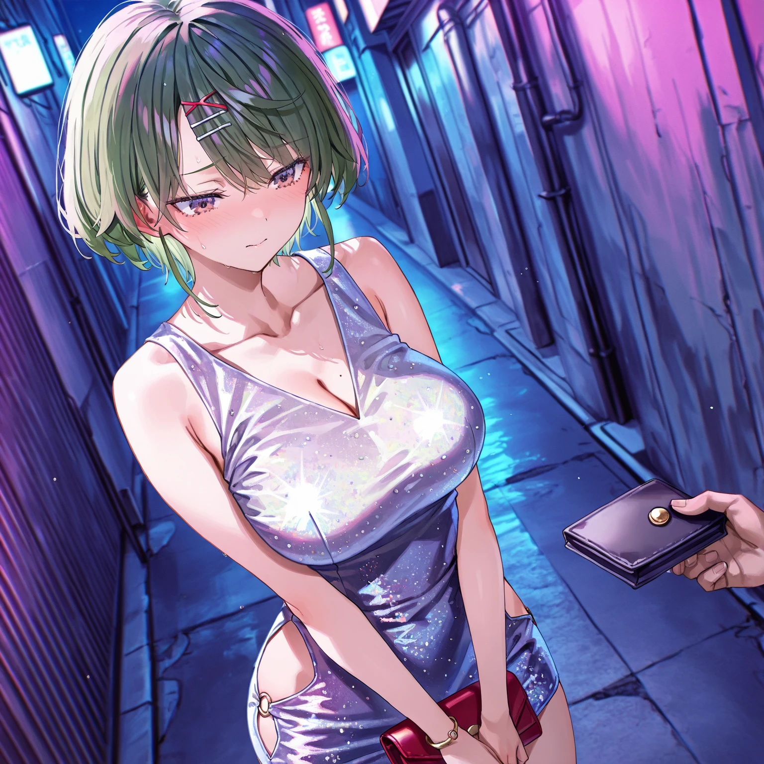 (ddlcnatsuki, fang, hair ornament, pink hair, (purple eyes:1.1), short hair, thin strands of hair, x hair ornament), standing in bedroom, out of the shower, getting dressed, white shirt, wearing an oversized shirt, shirt is stretched over one shoulder, bra underneath shirt with one brastrap visible, adjusting pants, soaking wet hair, drenched shirt, damp skin, messy hair, sagging shirt, panty strap visible above pants,