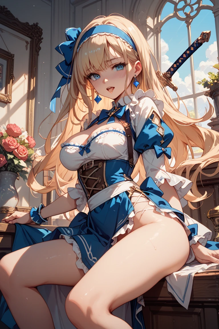 ((highest quality、High resolution))、A beautiful woman、Perfect body、beautiful ample breasts、Long blonde、bangs、Blue and white ribbon、embellished sexy dress、skirt、a sexually excited look、Legs wide open、(I'm inviting you to have sex)