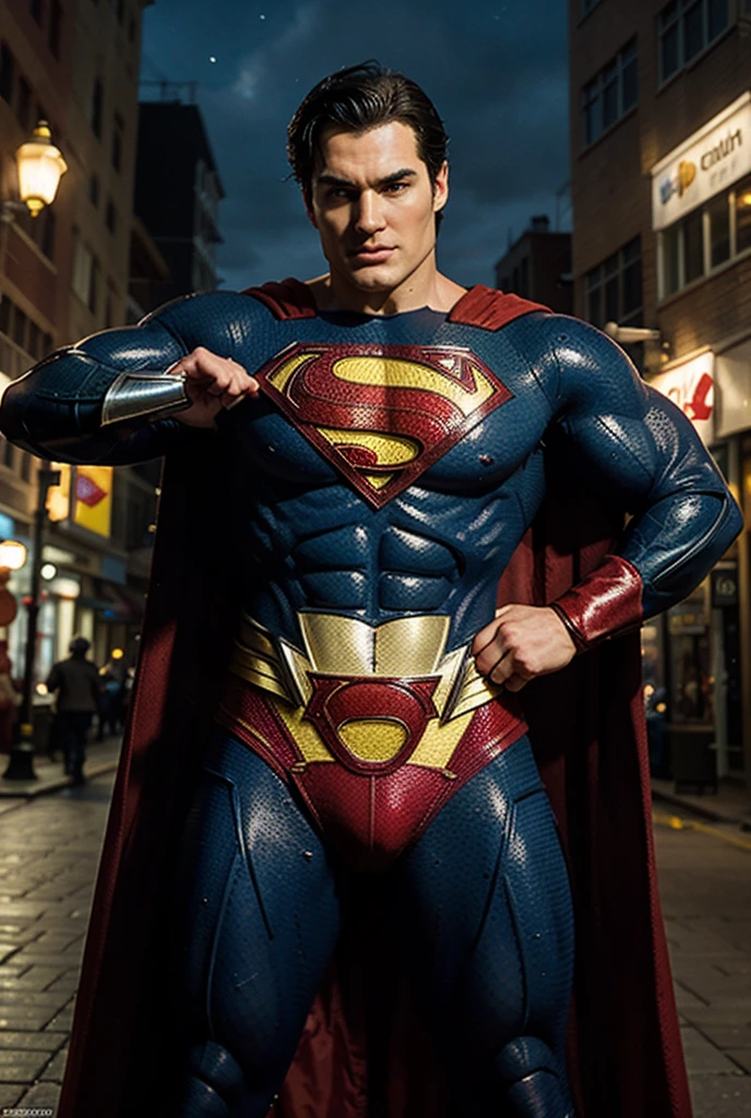 Man body setting,Superman costume tights , (bare thighs ) , sexy , NSFW , eroticism , seduction, standing , big thighs , fat hips , porn , exposed skin , exposed thighs , puffy nipples , seduction , bare hips ,