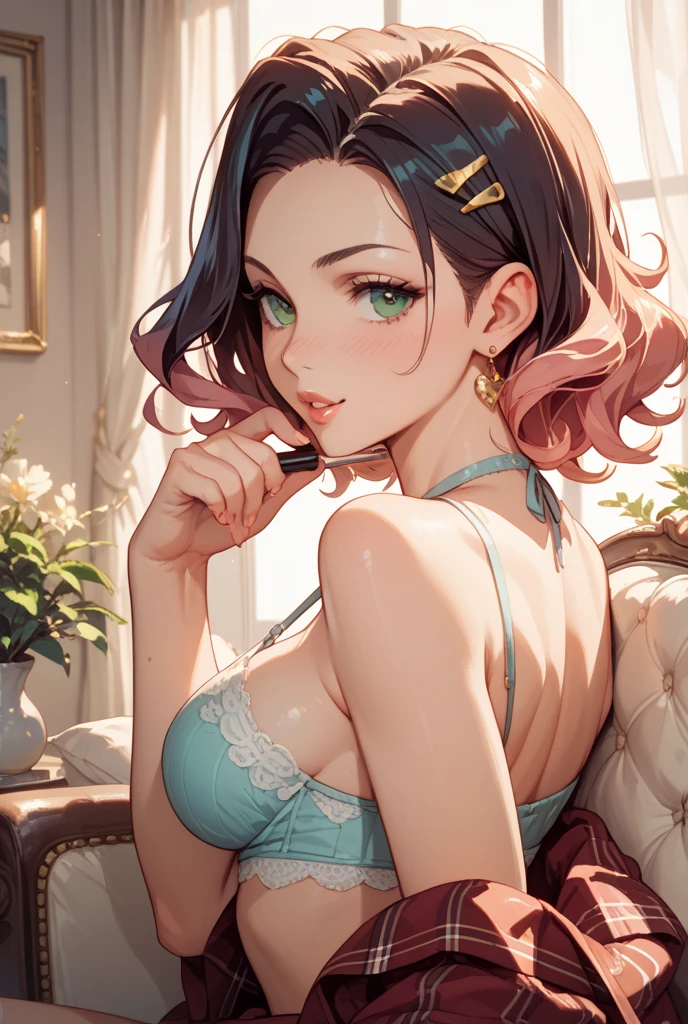 potrait of a pretty e-girl cleavage, very skinny, at home, colorized anime art, (art by Daniel Gerhartz, Dion Beebe, by Brandon Woelfel:1)