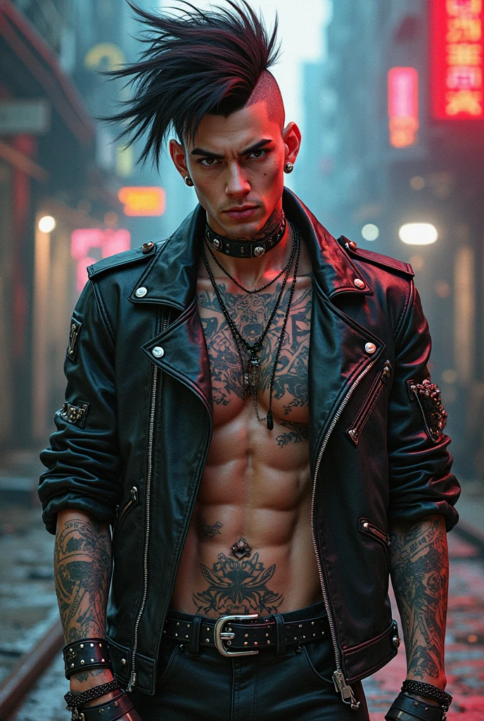 (1guy), handsome guy, black hair ,black eyes, ,some tatoo, underground rock setting. Dark lights, leatherjacket, leather jeans, white shirt, classy hotel room, blue and black lights, tired, laying on bed,