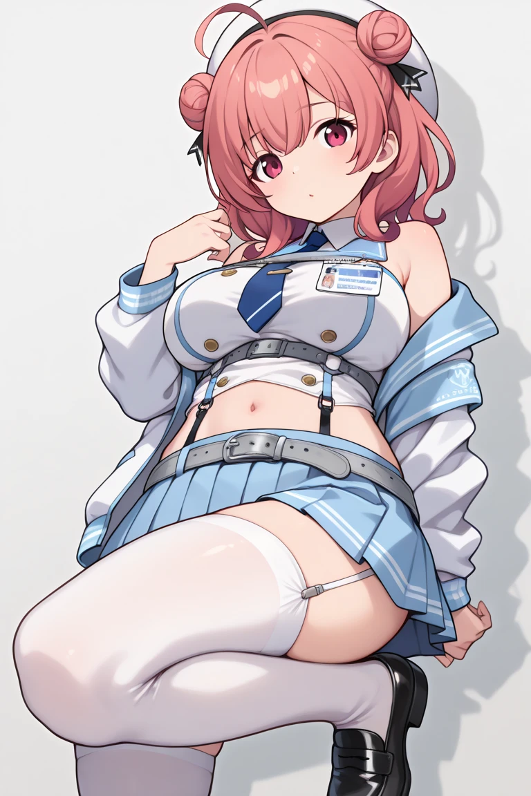 masutepiece, Best Quality, hight resolution, Aaritsuka, Short hair, Ahoge, hair scrunchie, orange scrunchie, medium breasts, White jacket, Harnes, Long sleeves, Belt bag, Black skirt, Miniskirt, Black pantyhose, Waving, Smile, Open mouth, Standing, Cowboy Shot,,(Skirt lift:1.3), (white panties:1.3)、(Skirt that rolls up:1.3)、(Fully exposed panties:1.5)、