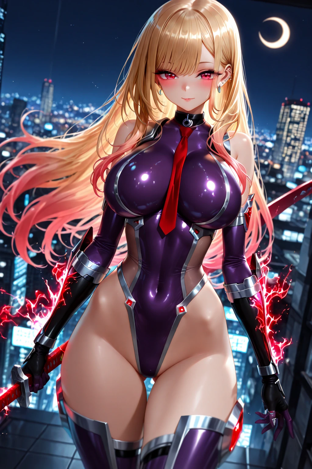 Very detailedな, Explicit, Beautiful body, Beautiful Nose, Beautiful character design, Perfect Eyes, Perfect Face, Ultra-high resolution, 4K, Beautiful legs, Perfect Legs, Nice hands, Perfect hands, masterpiece, Highest quality, Very detailed, shape, Confused, Street Fighter, Doll Suit, シャドルー人shape, Doll Suit, Expressionless, Hollow Eyes, Looking at the audience, Red gloves, emotionless, black latex, corruption, Mind control, Female Fighter, whole body, Hypnosisにかかった, Unfortunate trance, whole body suit, ribbed bodysuit, Place your arms at your sides, Follow, Perfect female body, extremely glossy latex, Hypnosis, Hypno Lola, Hollow Eyes, Mind control装置, stop temporarilys, Obedient_stop temporarily, slave, have, tie, Are standing, Are standing up straight, 注意してAre standing, have, yellow tie, belt, latex, ribbed bodysuit, Knee socks, garter belt, Preparing for battle, Extend your right arm from your shoulder、Stretch your hands in the air., military, Thigh-high boots, alone, Classroom of the Elite, ichinose honami, Pink blonde hair, blue eyes, Long Hair, Big Breasts, Wicked Smile, With an Wicked Smile, A glittering and flashy cyberpunk night view、Stretch your toes, 