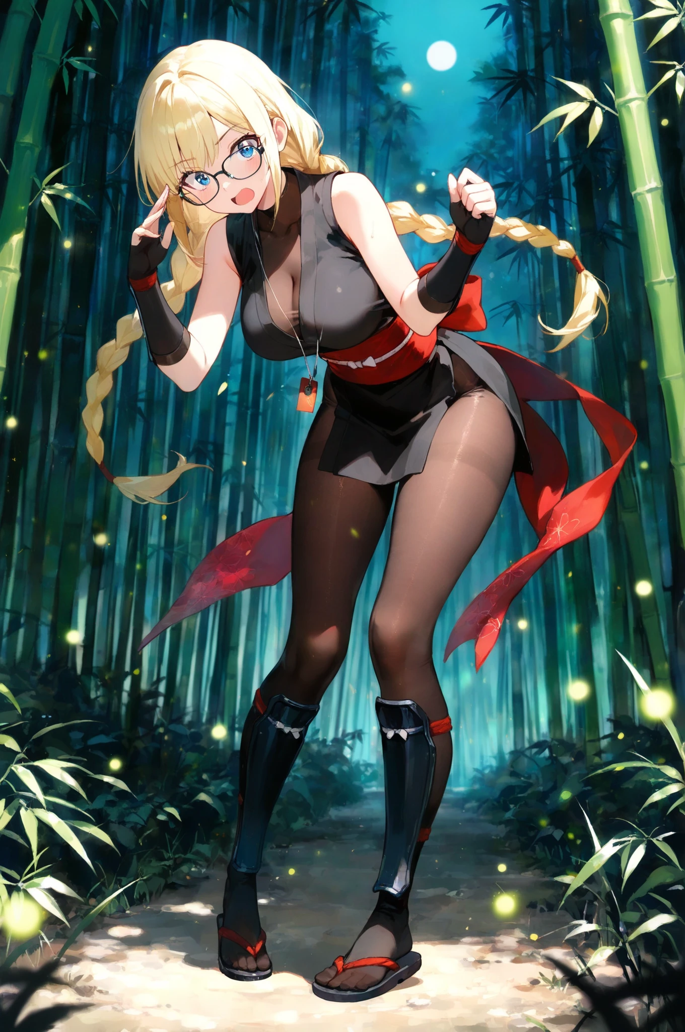 1 young beautiful woman,(Highest quality,Extremely detailed depiction,Incredibly absurd high resolution,Anatomically accurate depiction,Curvy Legs),(Shiny skin),(Blonde,Pin one side of your hair back,Side Blade,Large Breasts,Black bodysuit,Ninja costume:1.2,Fishnet tightsの腕,Fishnet tights,Cowboy Shot,Model pose,latex),(Blue Eyes,Detailed pupil,Half-closed eyes:1.3,Shadowed face,Glossy red lipstick,Cool look),eyelash,Standing posture,background:bamboo forest:1.5