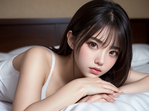 ((Realistic lighting、top-quality、8K、​masterpiece:1.3))、Clear focus:1.2、1girl in、Pretty Face、The most beautiful girl in the world、beauty with perfect body:1.4、Slim abs:1.1、((platinum-blown-hair、Colossal tits:1.3))、(Wearing ultra-thin white lace underwear:1.4、Gray stockings:1.2、)、(outside of house、Daytime:1.1)、the city street、Super fine face、Narrow-eyed、二重まぶた、Put your hands on your head、(lying on one's side on bed:1.4)、Open your crotch、Seduce me with a sexual expression、Detailed mouth、16-year-old Westerner、Short face、Beautiful light gray eyes that sparkle、Small face beauty、with round face、White beautiful skin、Teak Gloss、glowy skin、long bangs between eyes,、