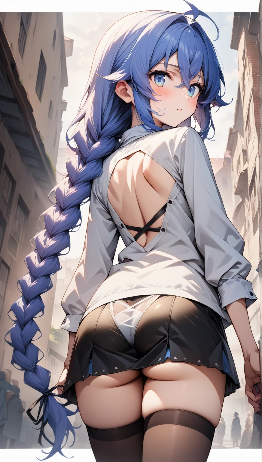1 Cute naughty Assassin girl, Pastel colors hair, medium breasts, (Thighs, fishnet pantyhose, ninja costume, Shinobi costume, scarf), short hair, (dark blue hair:1.2), (naked:1.3), (forehead:1.2, bangs pinned back, asymmetrical bangs, hairclip, side ponytail:1,2), (Serious, yuruyuri), at the adventurer's guild, A bulletin board with posted paper