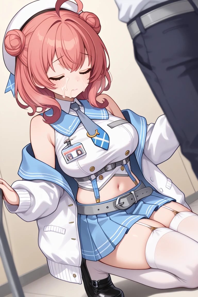 score_9, score_8_up, score_7_up, rating_explicit, masterpiece, best quality,high quality,highres,very aesthetic, absurdres, high detailed,optimal lightning,4k,8k wallpaper, source_anime, uncensored,official art, official style, megami magazine,BREAK,1girl,z3maxKC, brown eyes,red hair,short hair, sidelocks, blunt bangs,blue sailor collar,blue dress,blue hat, sailor dress, sailor hat,black scarf, long sleeve,white turtleneck,,nude,medium breasts,unamused,disappointed,embarrassed,licking penis,handjob,cinematic lighting, anime style, official art, anime, heavy breathing, best quality, amazing quality, very aesthetic, absurdres,heart effect,sweat, bedroom,1boy,[[motion lines]],[afterimage],looking up ,half-closed eyes,hand_on_another’s_head, from above, best quality, amazing quality, very aesthetic, absurdres