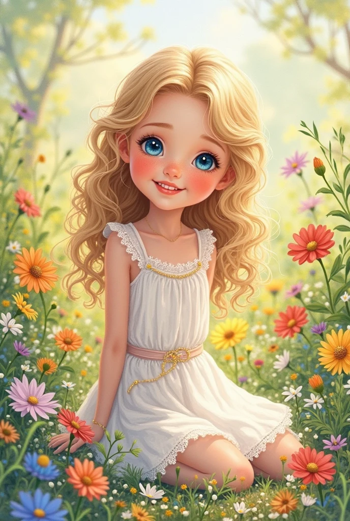 cute girl drawing, half body (querelada texture) (children's illustration) (well detailed) girl with curly hair big blonde with flowers in hand