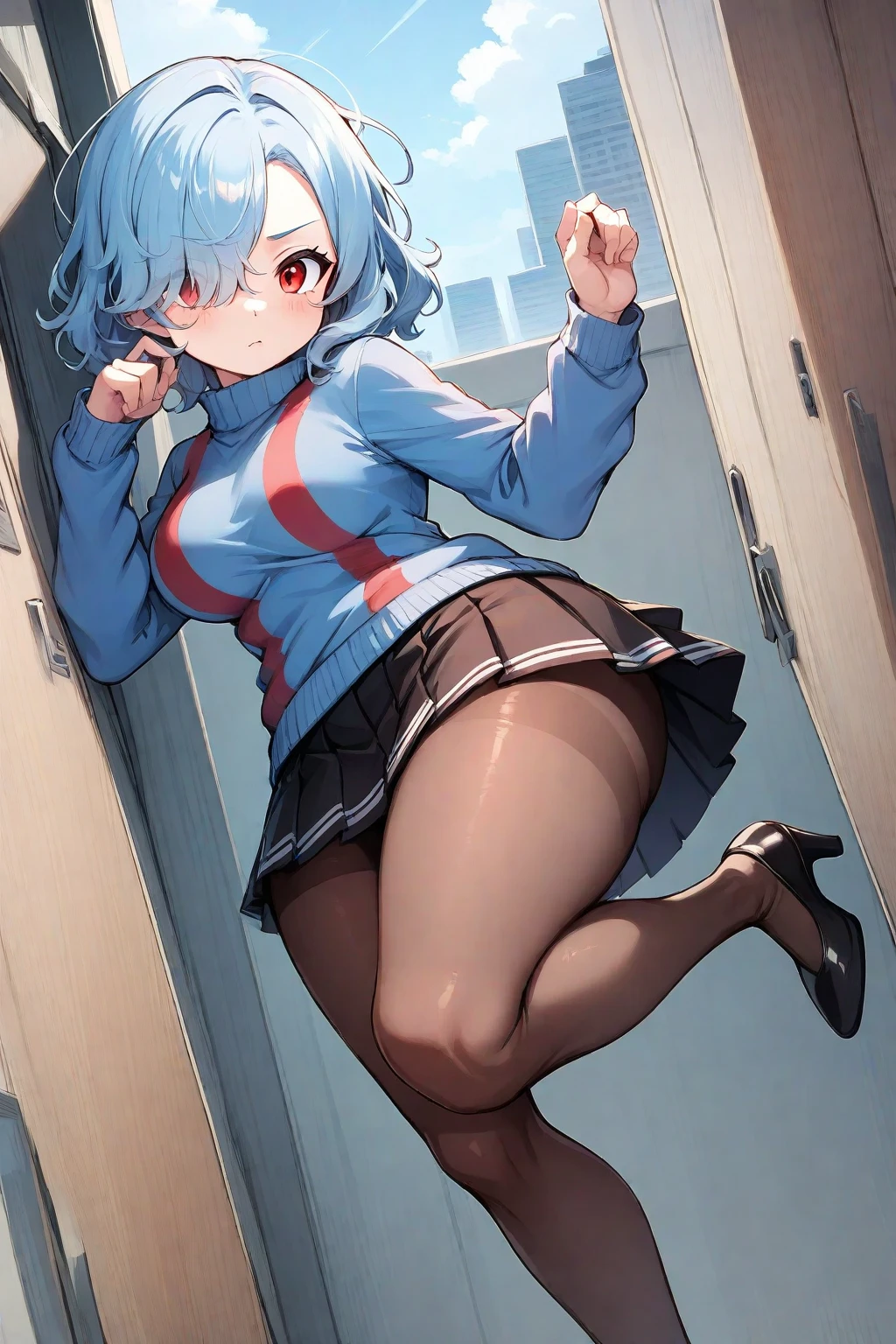 18-year-old,shiny navy hair,short hair,Parted bangs,Yellow Eyes,Large Breasts,Small waist,Big Ass, See-through sailor suit,Navy blue mini skirt,Ultra-thin black pantyhose,Red sexy underwear through pantyhose,Torn pantyhose, ,standing split,Penetration Sex,I have sex out of necessity,Serious face,Expressionless,Looking down on your sexual partners,（((In my mind, I was desperately trying to hold back my orgasm.,I want to climax quickly)))