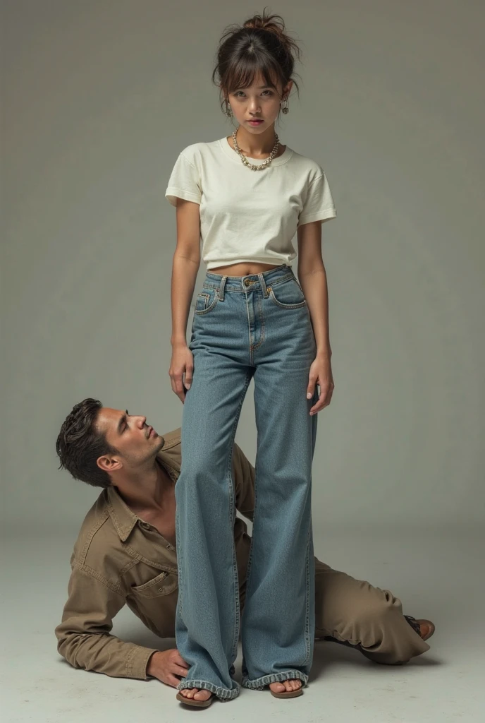 Create a photo of a 30 year old young woman, with a slender and beautiful body, wearing a low-cut white tank top and jeans, with white and clear skin, with long light brown hair, wearing hoop earrings and has her back to the camera as she is lifted high in the air by her butt by an obese black 90 year old elderly lady, dark black skinned, who has short hair, who wears glasses and a blue dress
