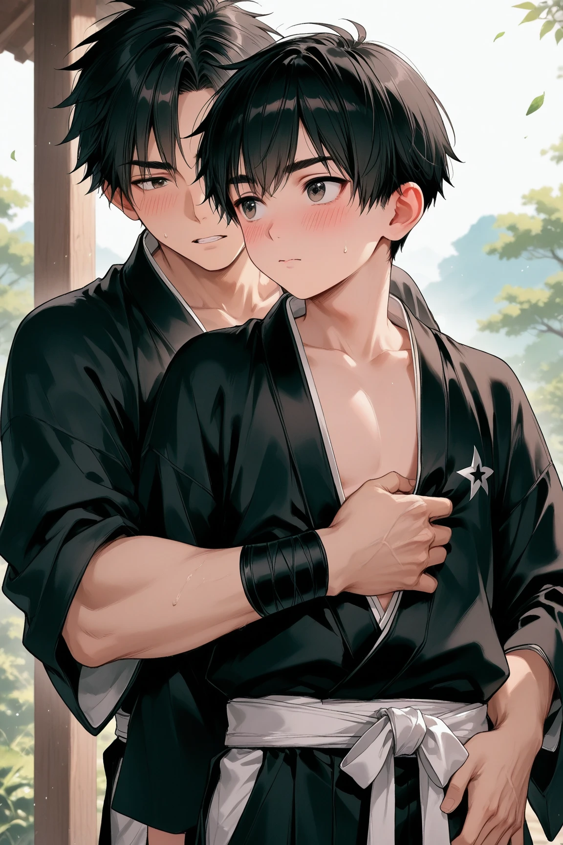 (Masterpiece), (best quality), ((super-detailed)), (shotaoni:1.5),((1 naked  boy and 1 naked adult male)), (gay), looking at another, Traditional Chinese ink painting illustrating a  boy and a young male holding hands , cuddle , penis expose . They are adorned in classic Chinese attire, set against a backdrop.