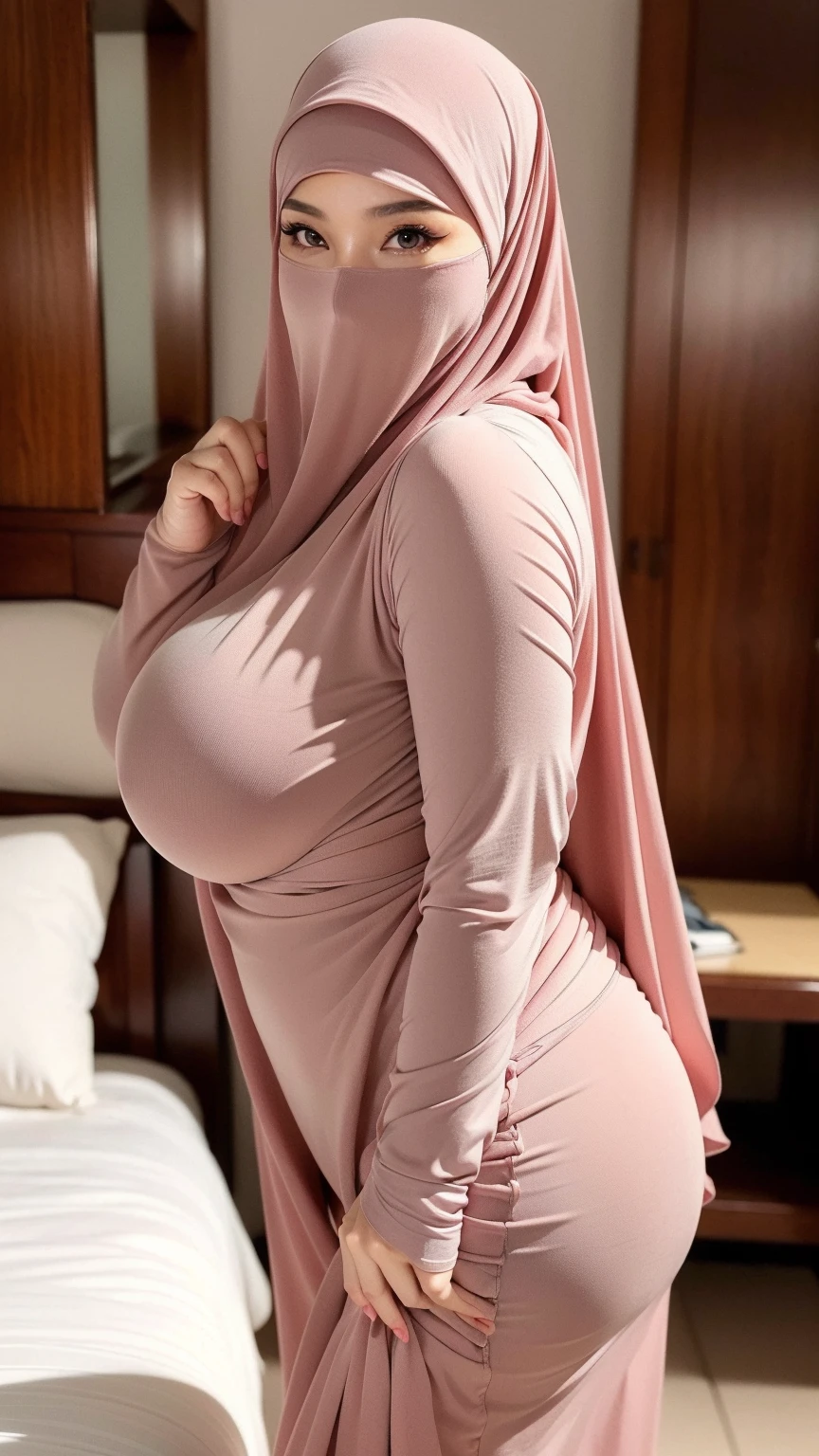 4K, high quality, nice lighting, soft lighting, realistic, dark eyes, sexy, big breasts, thick thighs, wide hips, muscular, malaysian dress, long sleeve, Jewelry, sexy lady, asian, hijab, niqab, sexy pose, showing big thighs, nice body, natural largest breast, WEARING WEDDING RINGS, wearing white high heels
