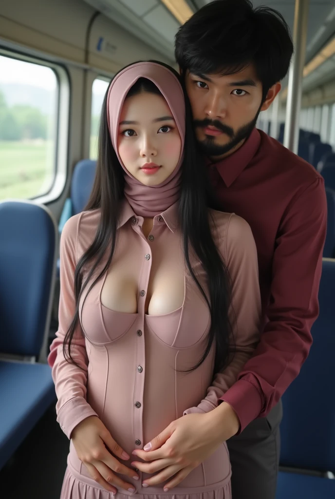 Crowded train, sexy cute girl with glasses, girl wearing hijab, malay face, mira filzah face, ((mira filzah)), handsome man holding her from behind and talking in her ear, lifting her, white mini skirt swinging upwards, 40k, photography, masterpiece, best quality, dark gray background, (1girl blue eyes and skinny soon curled with open legs), small breasts full open leg, very skinny, flat chest, small tits, small hip, (round swinging sexy mini skirt: 1.3), (white open shirt: 1.3), older man leaning against her from behind picking her up, varied poses, man behind her,