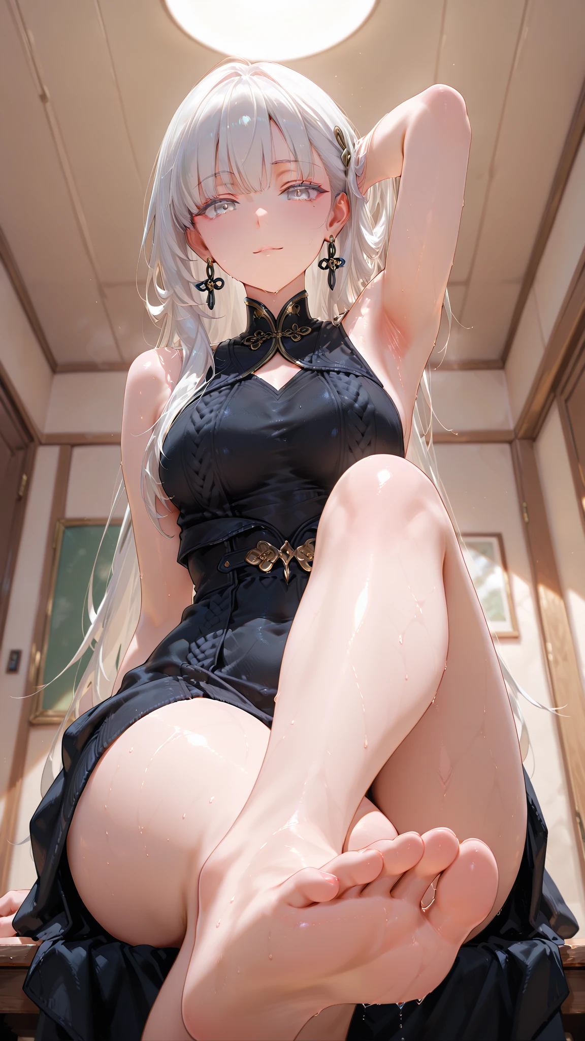 masutepiece, Superb Piece, Daytime, Indoor,sit a chair, Falling flowers, White Dress, 1 girl, A perfect woman, Woman with silver and white long hair, gray blue eyes, pale pink lips, Cold, Serious, Bang, Purple eyes, White clothes, black closing line, Delicate face, Exquisiteface, Standing Bow, tassels, Happiness knot, Smile,open one's legs,I took off my panties.,chest protrudes,Remove underwear,Shift underwear,She's undressed,