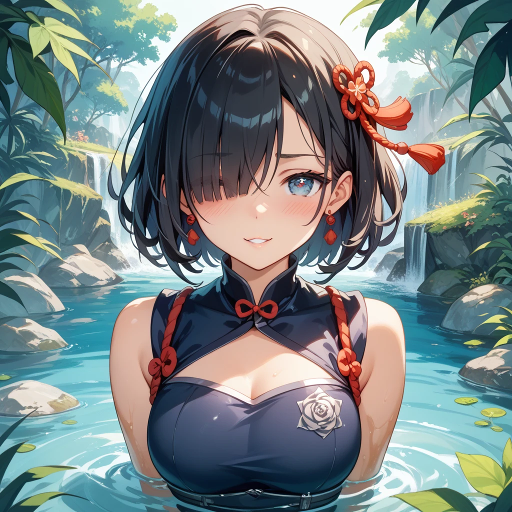 masterpiece, highest quality, High resolution, girl,saw 2, blue eyes, black hair, Low twintails and short cut, medium breasts, frown,blush, Sweat,girl1名, black tight suit, streak,raise your arms high,suspended in the air,hanging,looking at the viewer。Bottomless swamp,the sky is cloudy,The water surface is black and murky,
