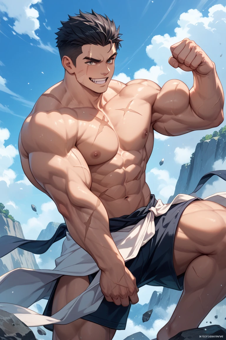 Showing off his muscular muscular back, red skin, bright red skin, the boy blushed shyly , rosy skin, shiny skin(muscular thigh muscles )( anime style, art) (photo angle from bottom up) (photo angle from the ground upwards) [Anime photo][highest quality photo][4k,HD photo quality ] wear tight and short loincloths , bulging loincloths, torn loincloths, wet loincloths, ancient, dirty loincloths (muscular thigh muscles, firm thigh muscles, muscular thigh muscles, sinewy thigh muscles, giant thigh muscles, strong leg muscles, muscular hamstring leg muscles)(thigh muscles bulging as if about to explode, muscular, calloused, sinewy, giant) , Rudeus Greyrat,fun, happy, huge body, muscular and muscular, bodybuilder, bodybuilding, standing, lots of sweat flowing down, topless, shirtless, hot sunny, 8 pack abs , short hair , green eyes,  Raise your arms high to reveal your armpits, Hands behind the head.