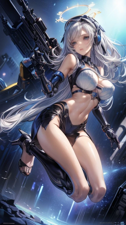 Woman 70 years, beautiful, white hair, chanel hair, realistic, perfect body, bikini, metal bikini, neural electronic tiara, thin waist, wide hips, large breasts, thick thighs, no expression wrinkles, interstellar background, futuristic city on mars