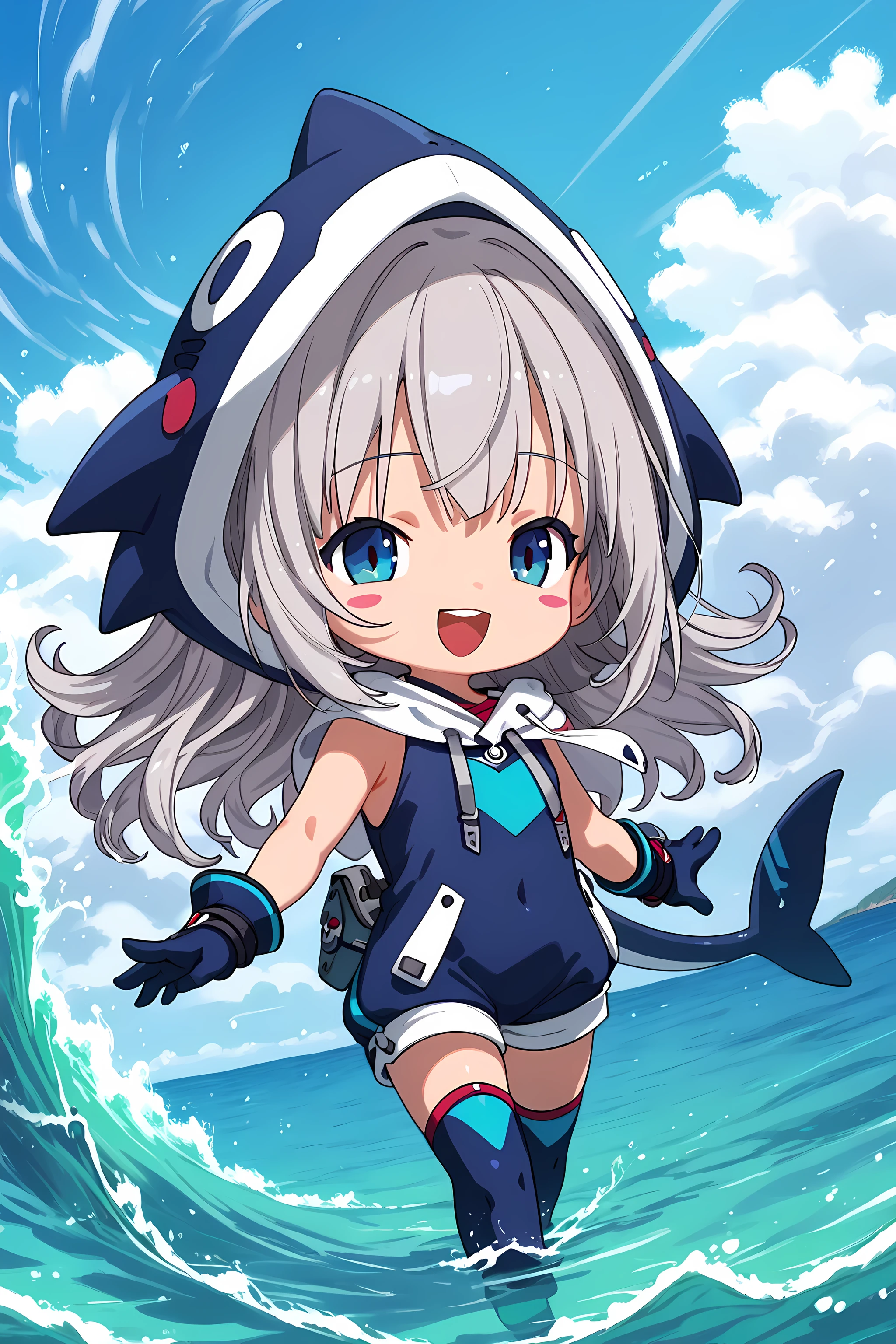 score_9, score_8_superior, score_7_superior, masterpiece, best quality, absurdres, high_fidelity, vibrant, sauce_anime, (rating_explicit:0.7), masterpiece, Highest quality, Adorable, 1girl, solo, (chibi:1.5), gray hair, low twin tailsl, animal_hood, ANHD, dolphin costume, blue costume, dolphin tail, kunoichi, ninja, sleeveless, gloves, thighhighs, blush stickers, happy, swiming, (dynamic pose:1.3), BREAK, sea, partially underwater shot, wave, air bubble, cloud, sky, sun shine