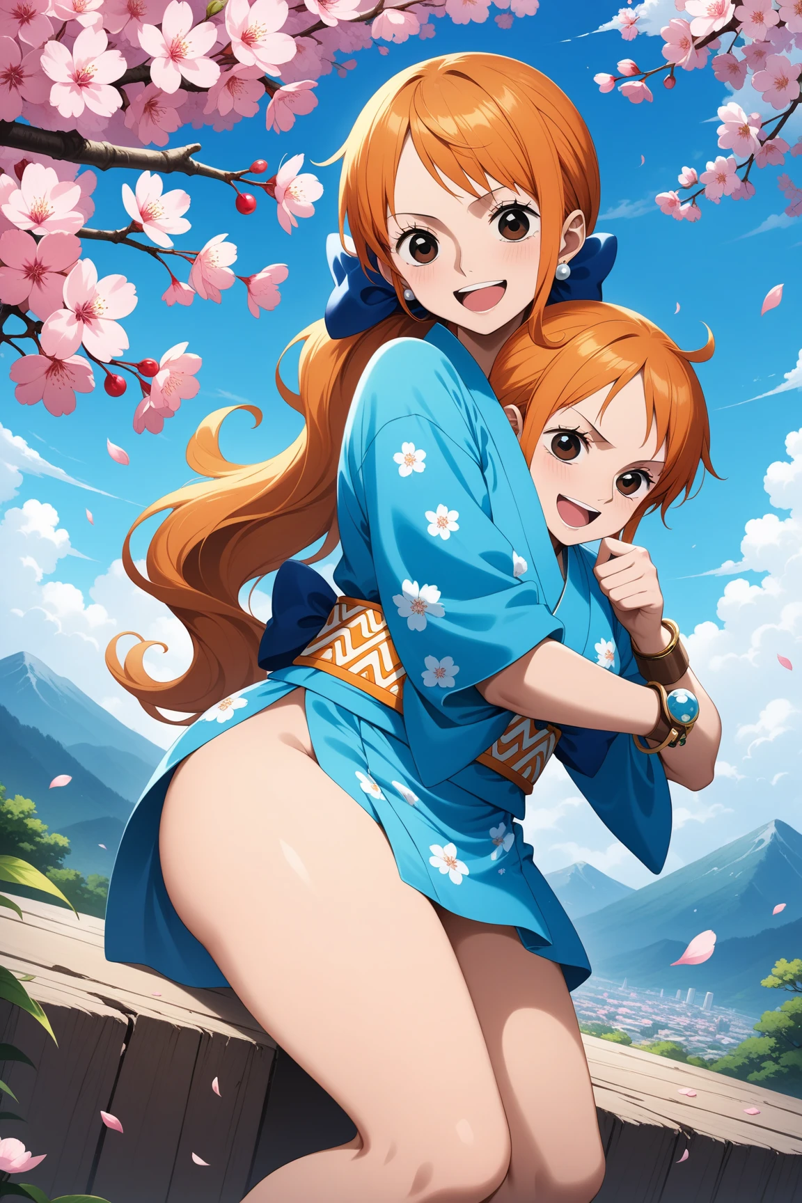 masterpiece, Highest quality, High resolution, we (one piece), Long Hair, Orange Hair, Low Ponytail, Hair Ribbon, Blue Ribbon, Brown eyes, clavicle, Cleavage, Short kimono, Blue kimono, No sleeve, bare hands,  bracelet, sash, heart, Are standing, Cowboy Shot, Defiant pose, Beach mood, Beautiful beaches, smile,(((nsfw,Half naked,Nipples,Bukkake,Full of love juice,Spread your legs,Ahegao)))