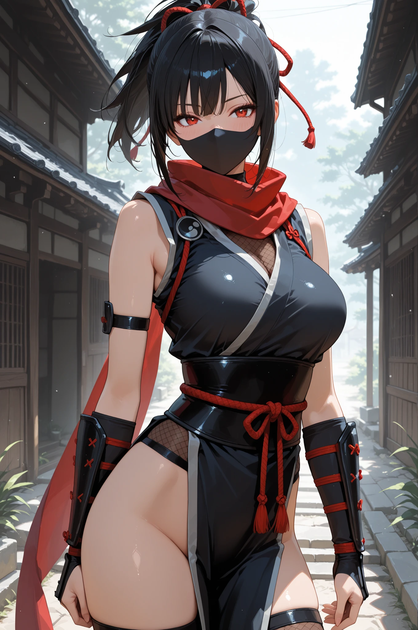 1girl, ponytail, parted lips, blush, makeup, smirk, (ninja:1.3, kunoichi:1.3), ninja mask, light rays, glow, thighs, collarbone, narrow waist, (masterpiece), wallpaper, east asian architecture,